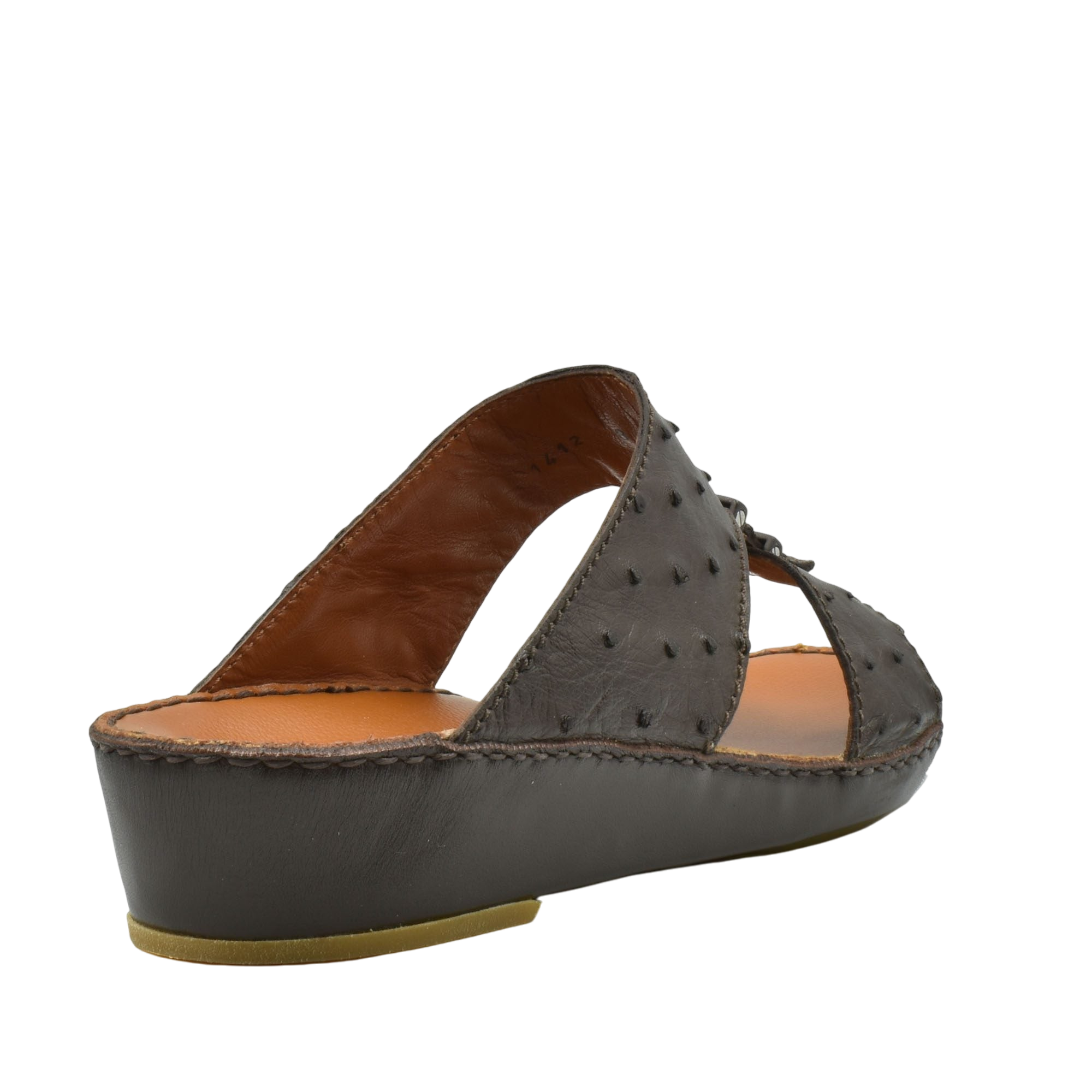 Brown luxury ostrich sandals with wedge heel and textured leather upper from private collection