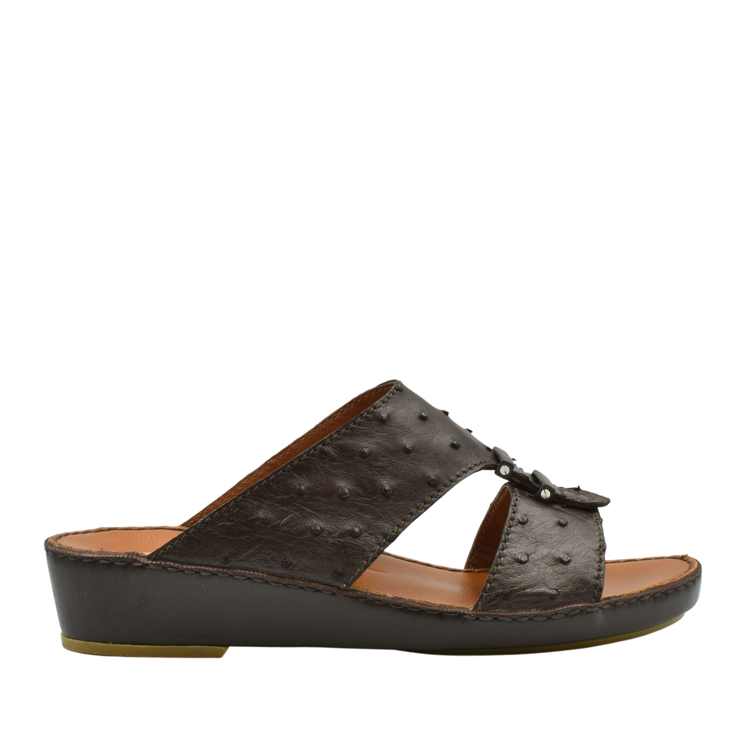 Black luxury ostrich sandals with textured leather and open toe design from Private Collection