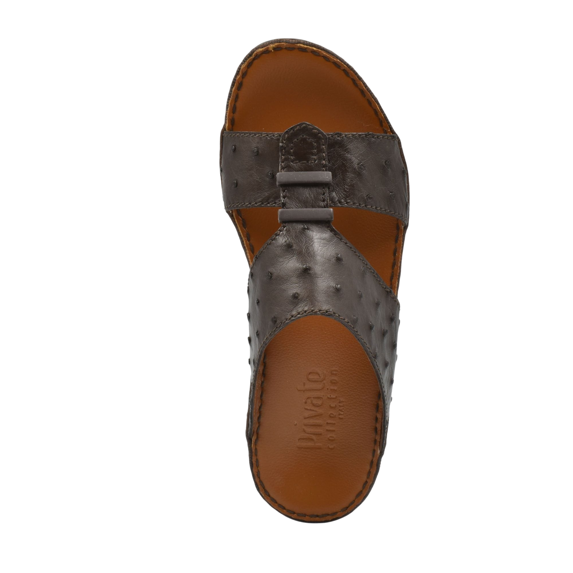 Top view of luxury ostrich sandals in dark brown leather with textured straps and cushioned sole