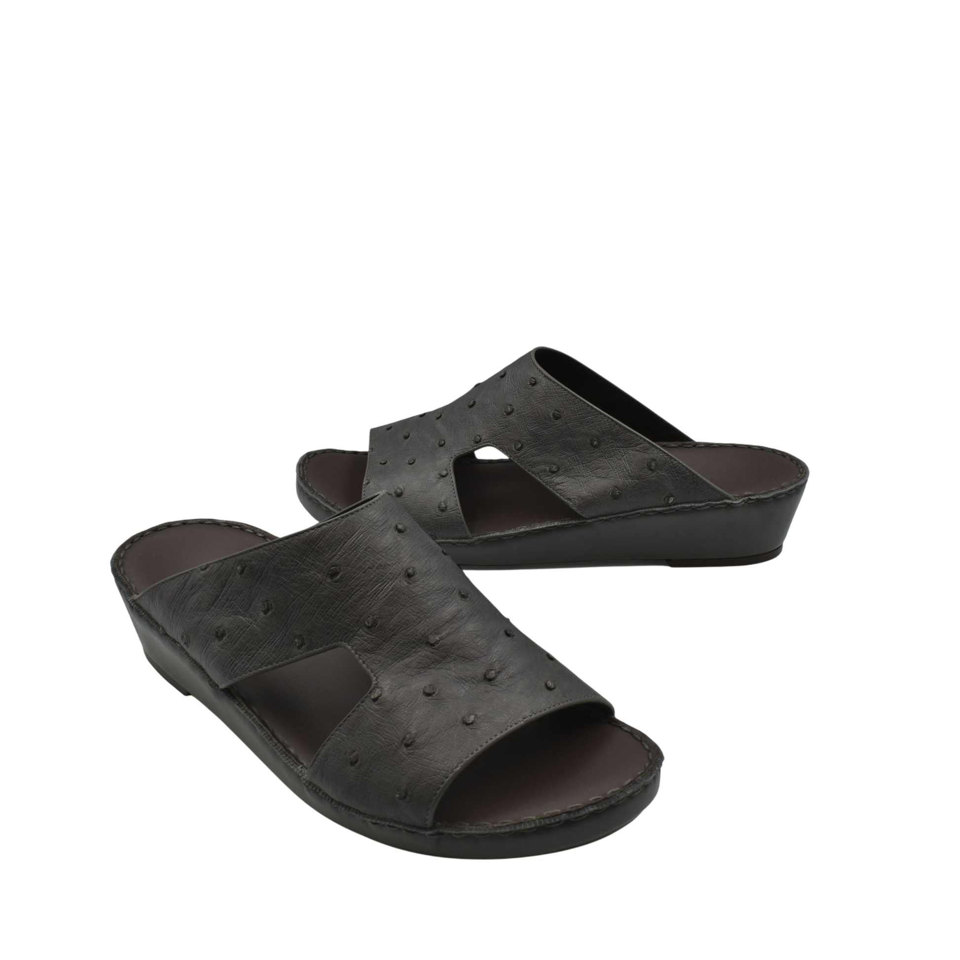 Black luxury ostrich sandals with open toe and low wedge heel for comfortable wear