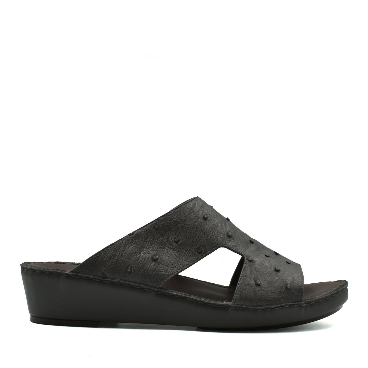 Black luxury ostrich sandals with wedge heel and textured leather upper from private collection
