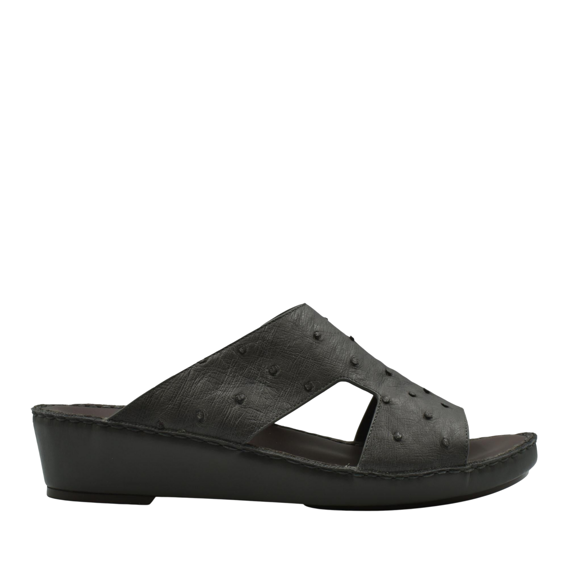 Black luxury ostrich sandals with wedge heel and textured leather upper from private collection