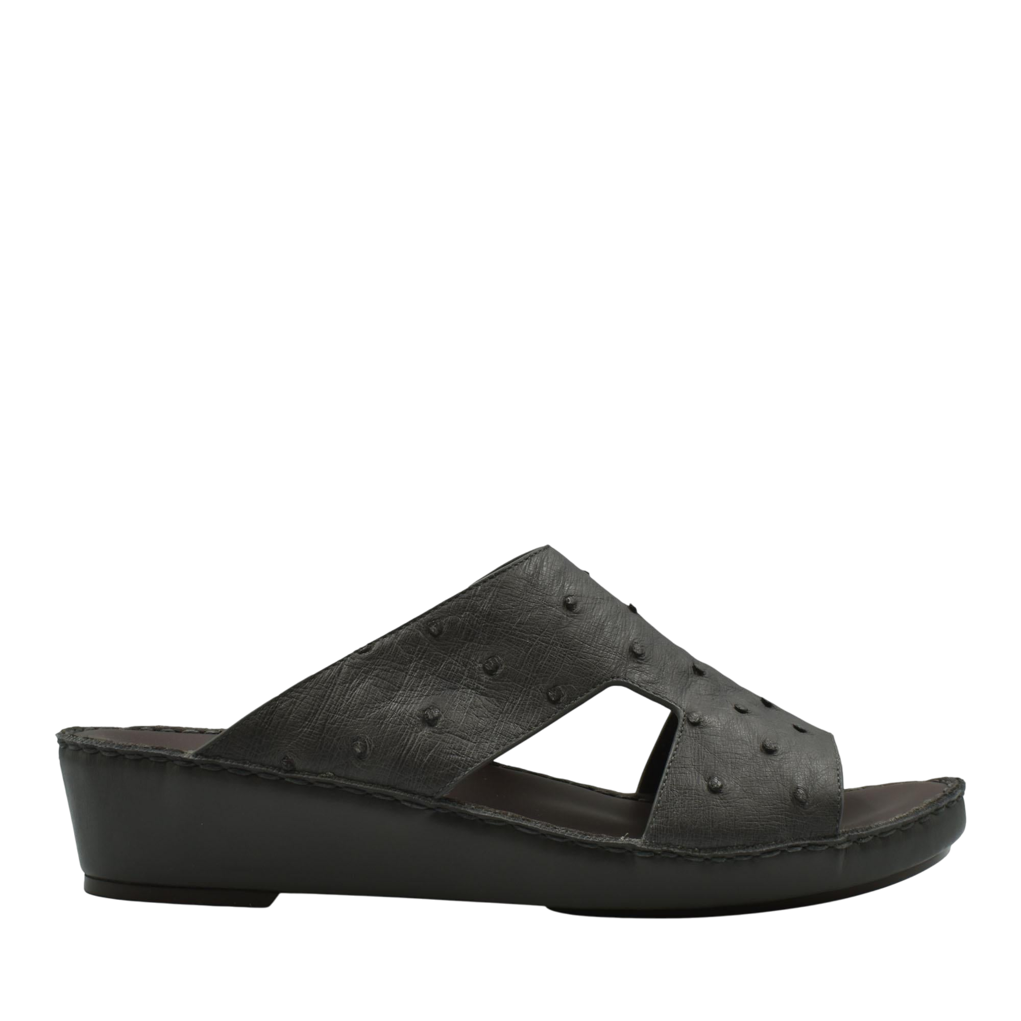 Black luxury ostrich sandals with wedge heel and textured leather upper from private collection