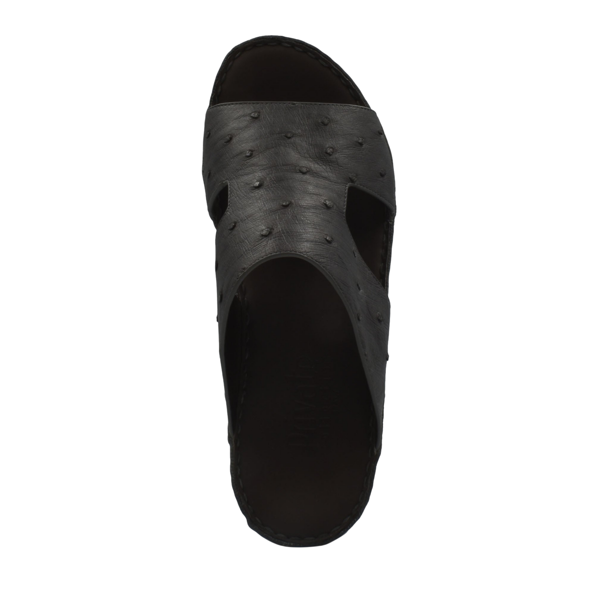 Black luxury ostrich sandals with textured leather upper and open toe design for men
