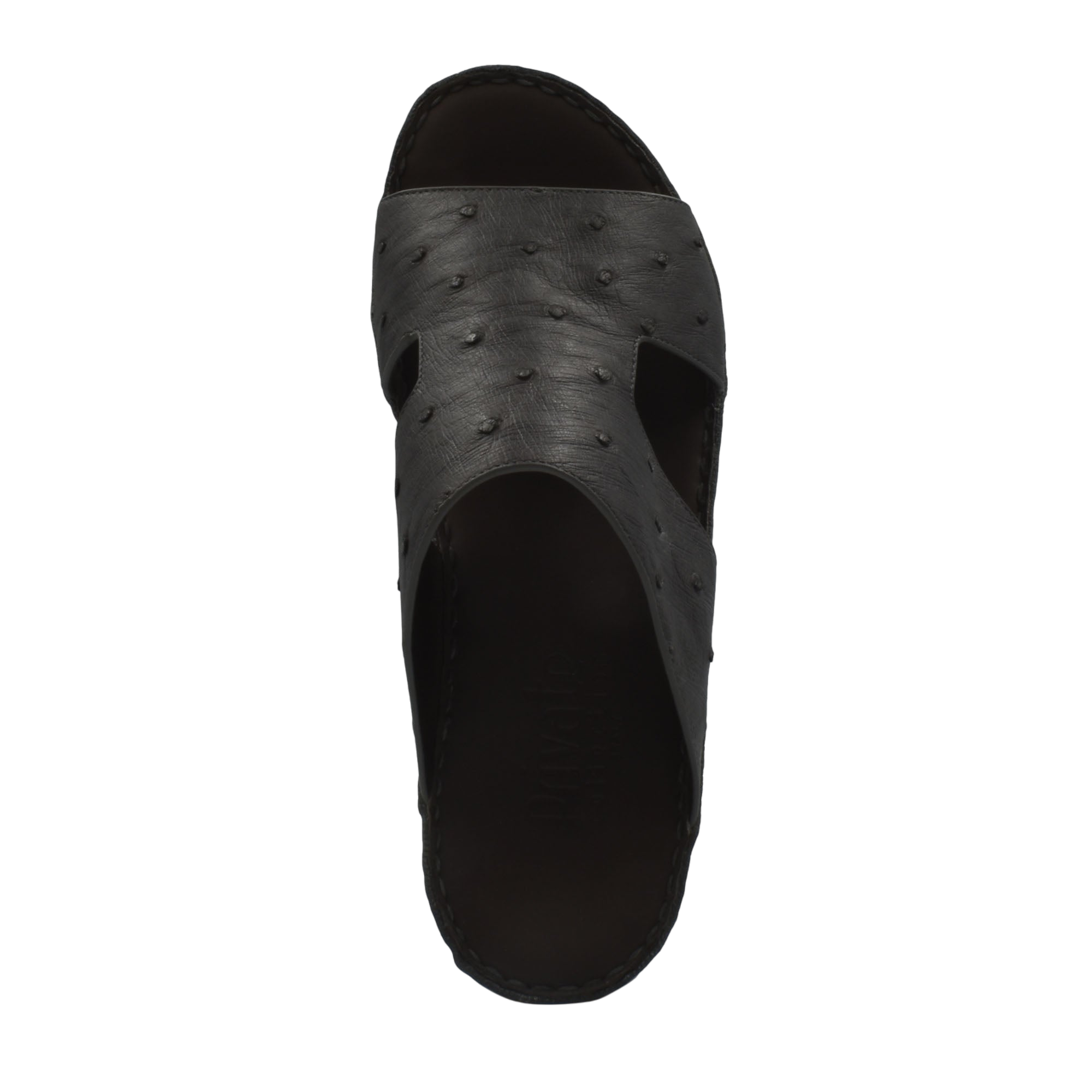Black luxury ostrich sandals with textured leather upper and open toe design for men