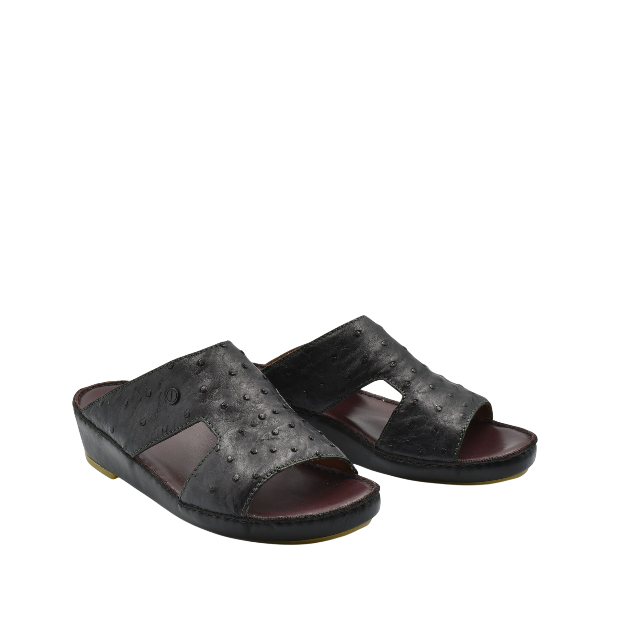 Black luxury ostrich sandals with open toe and textured leather design from Private collection