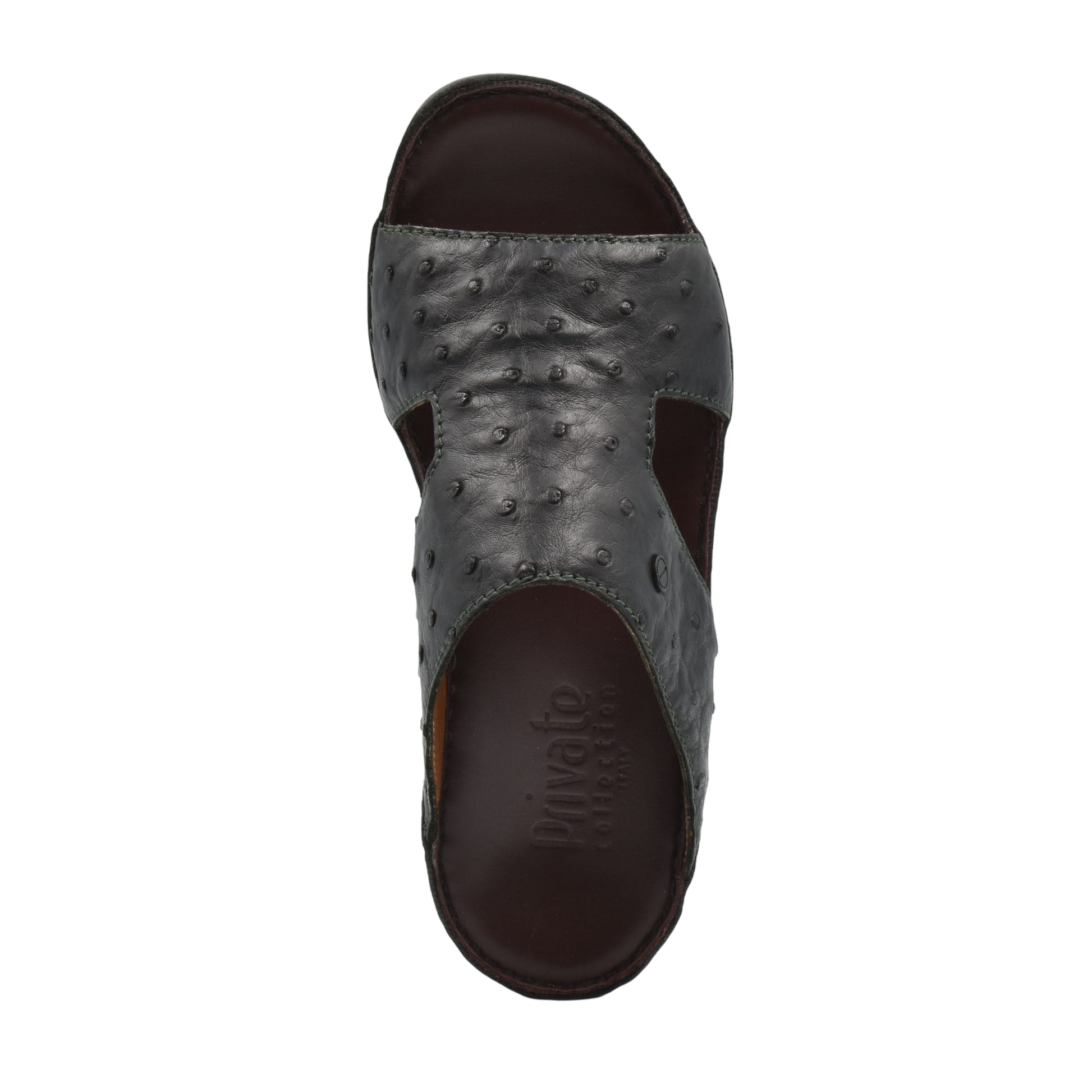 Top view of luxury ostrich sandals in dark brown leather from Private Collection