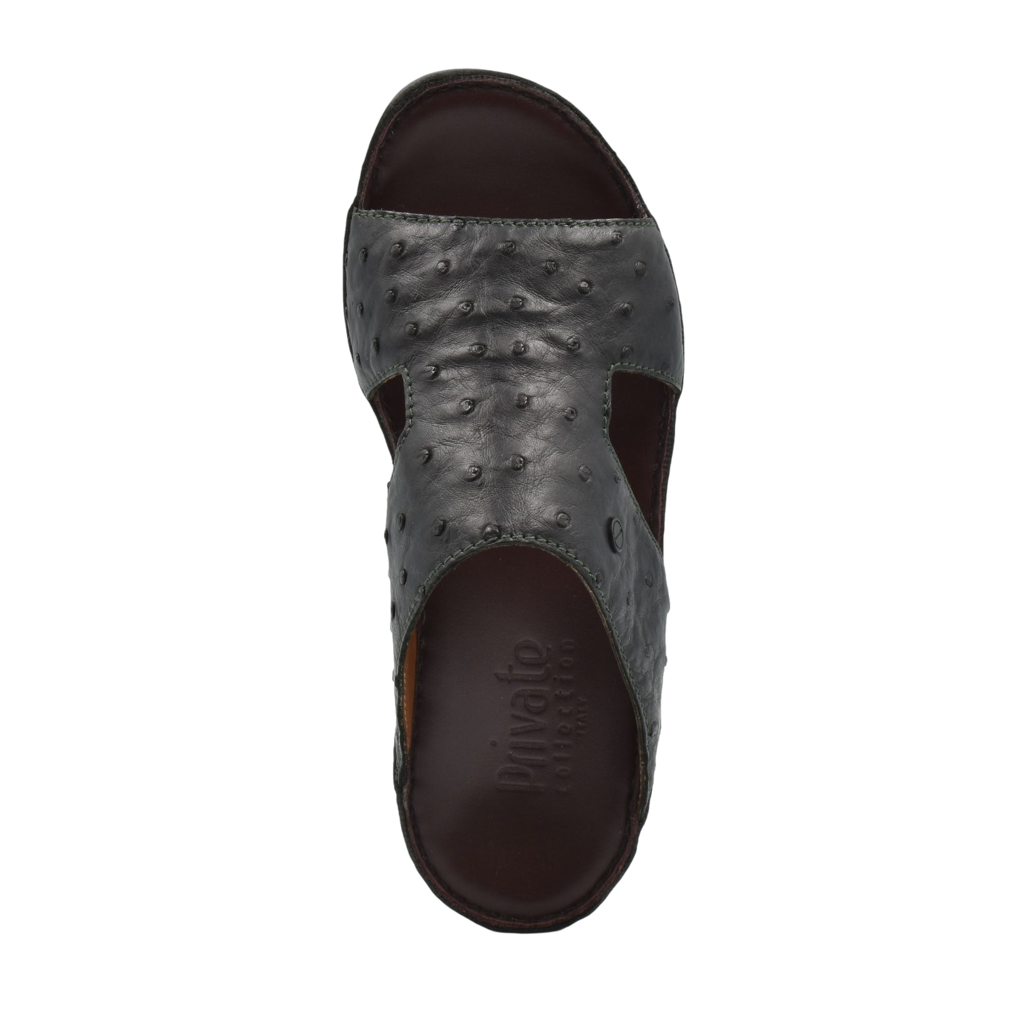 Top view of luxury ostrich sandals in dark brown leather from Private Collection