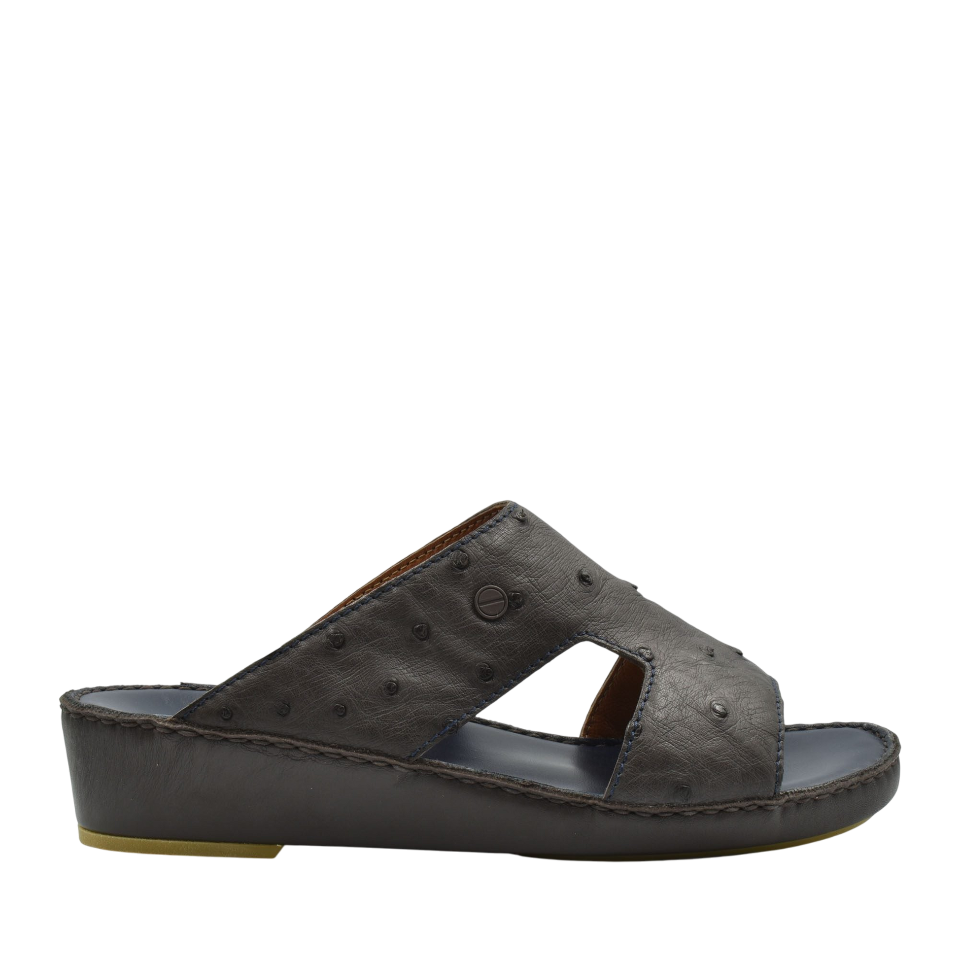 Luxury ostrich sandals in dark brown leather with open toe and comfortable wedge sole