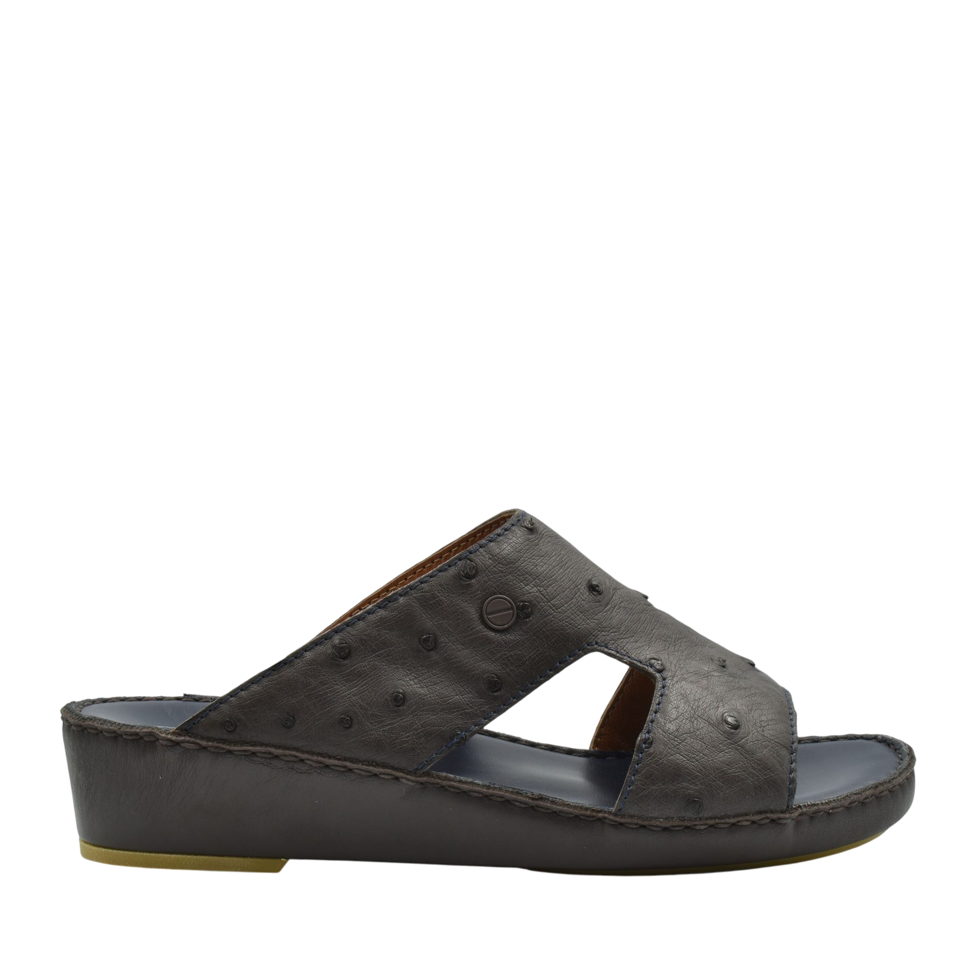 Luxury ostrich sandals in dark brown leather with open toe and comfortable wedge sole