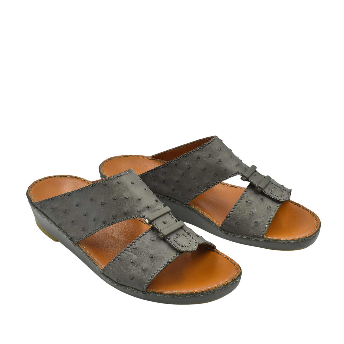Black luxury ostrich sandals with open toe design and leather footbed from private collection