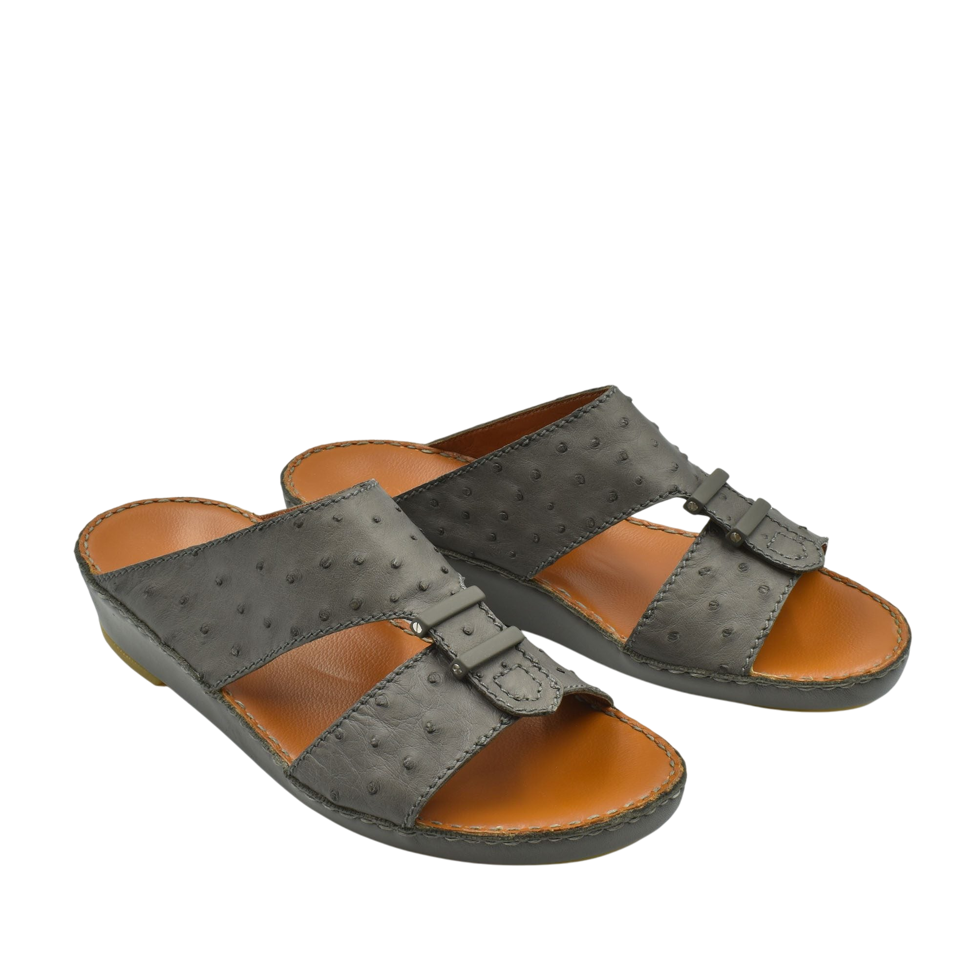 Black luxury ostrich sandals with open toe design and leather footbed from private collection