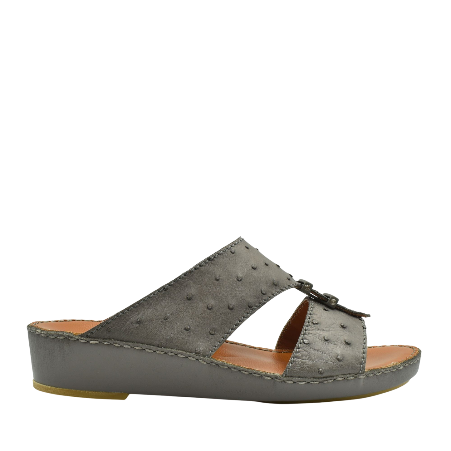 Gray luxury ostrich sandals with wedge heel and textured leather upper from Private Collection