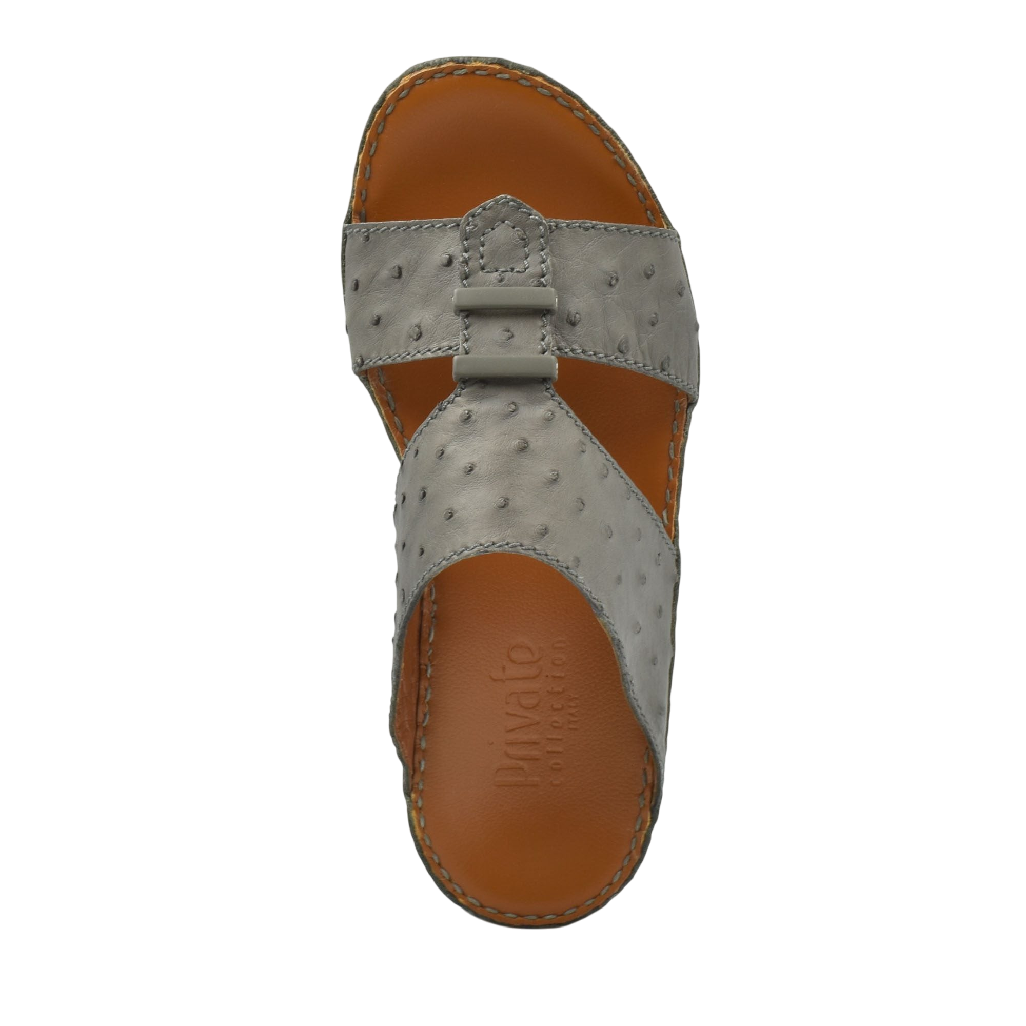Top view of luxury ostrich sandals in gray with tan leather sole and detailed stitching