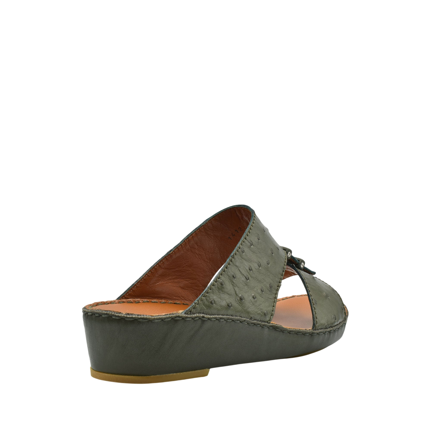 Green luxury ostrich sandals with wedge heel from private collection shown from side angle