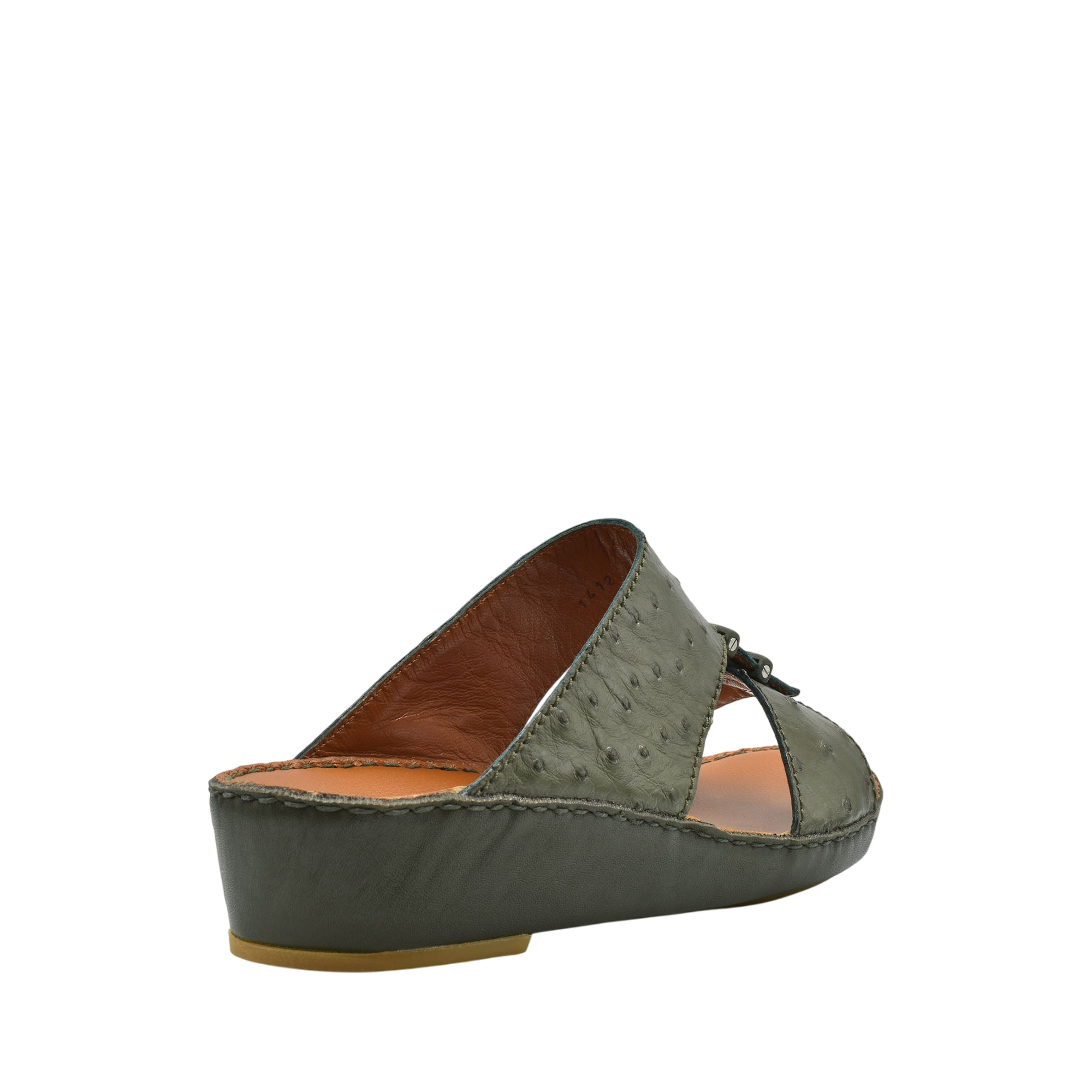 Green luxury ostrich sandals with wedge heel from private collection shown from side angle