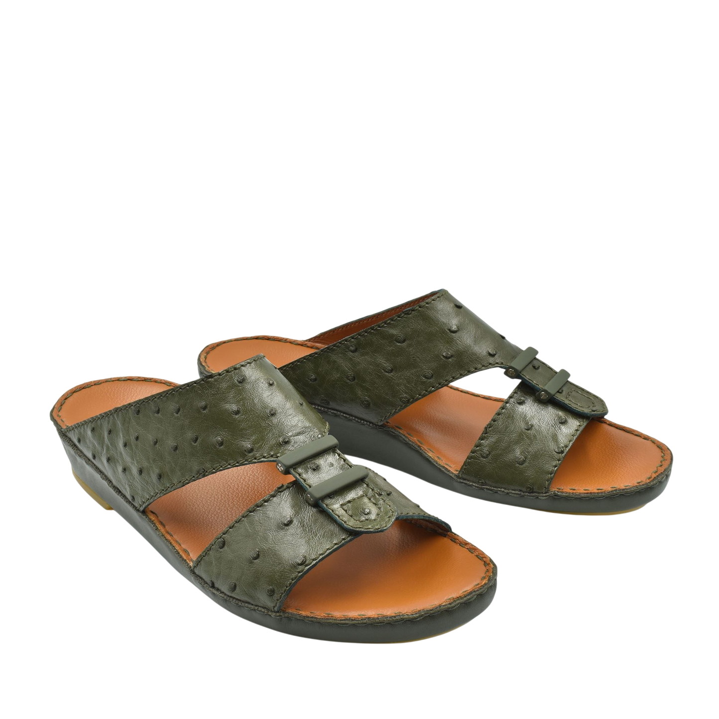 Green luxury ostrich sandals with tan leather footbed and adjustable straps for comfort