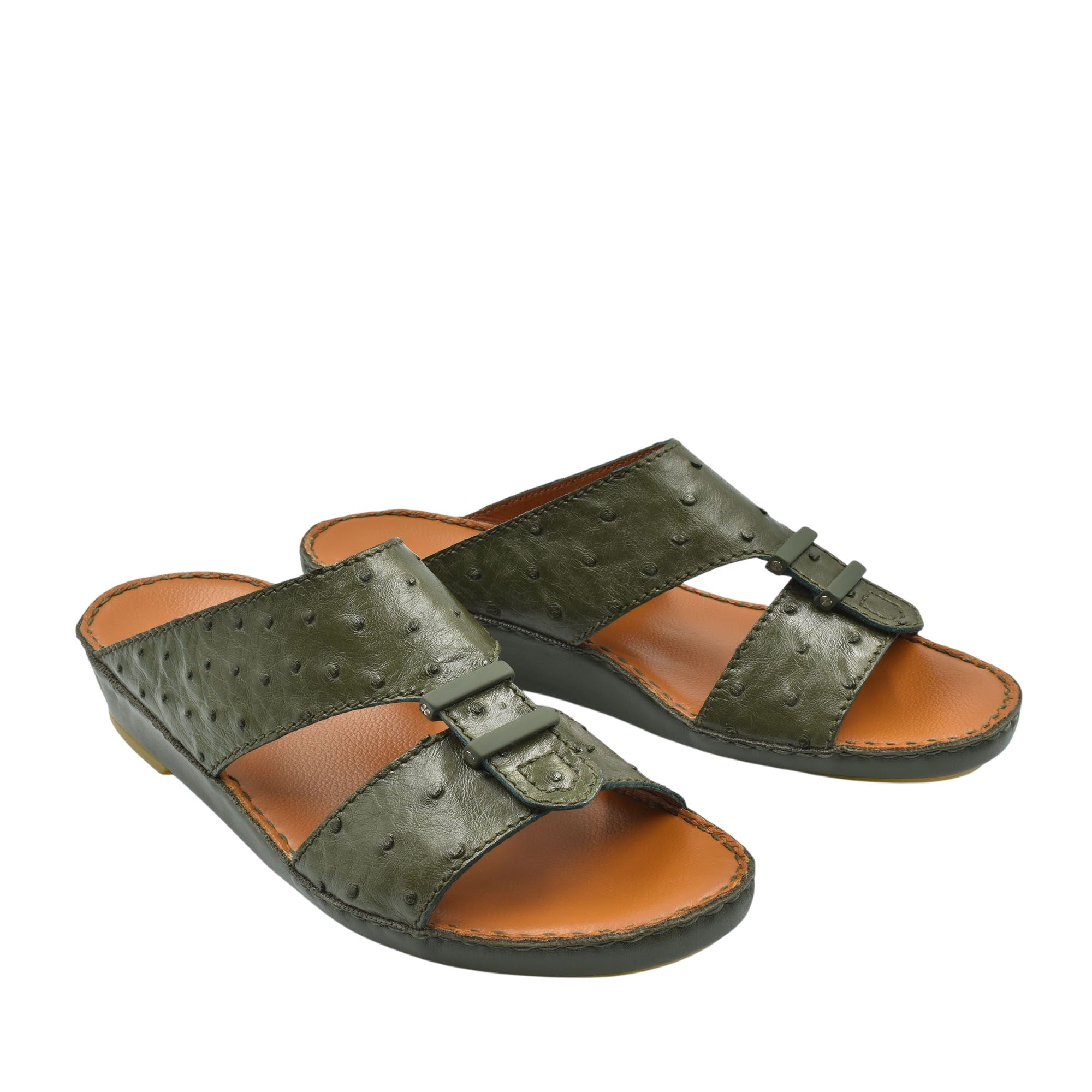 Green luxury ostrich sandals with tan leather footbed and adjustable straps for comfort