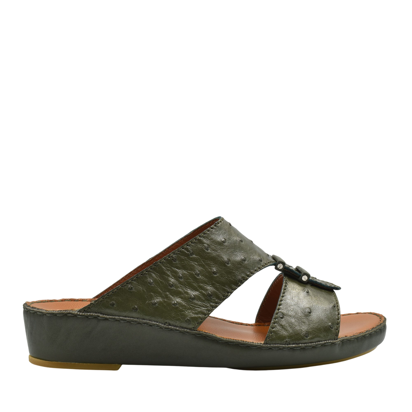 Olive green luxury ostrich sandals with open toe and adjustable buckle on wedge sole