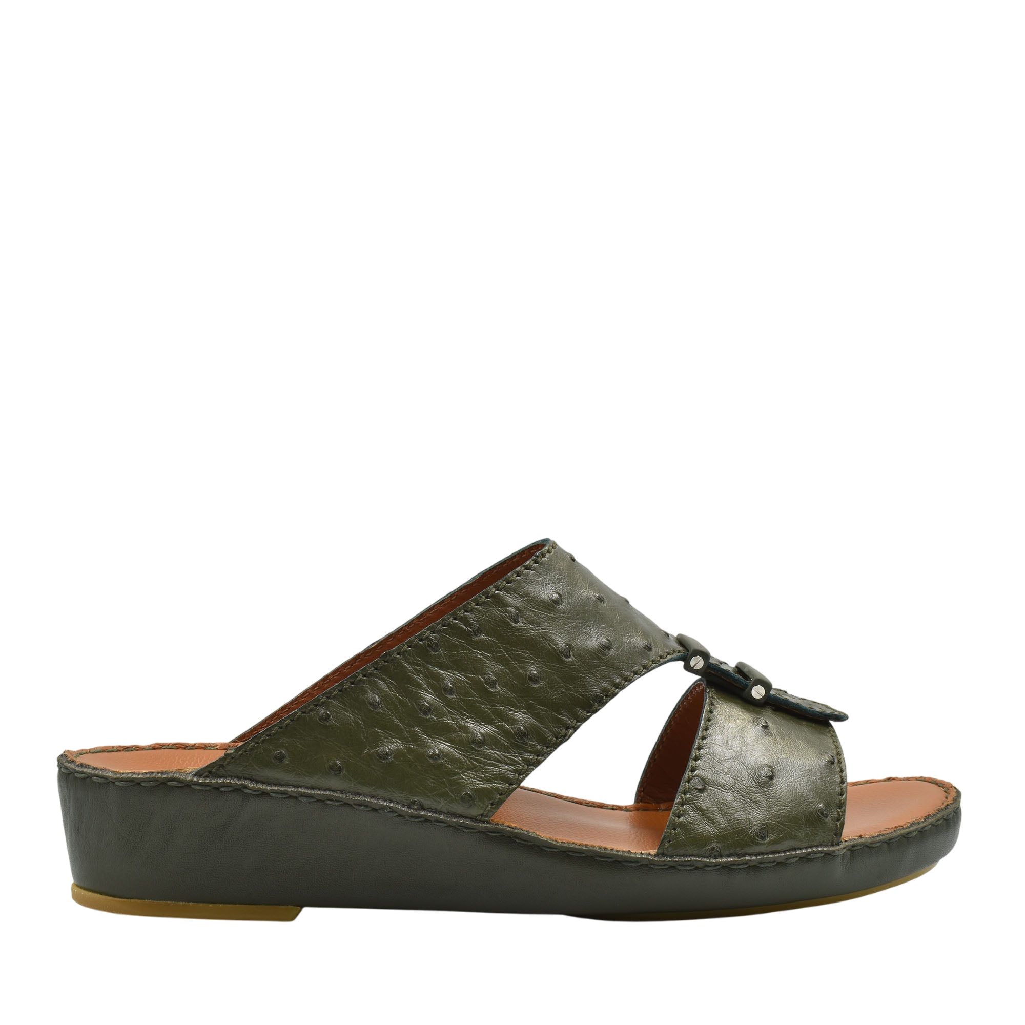 Olive green luxury ostrich sandals with open toe and adjustable buckle on wedge sole