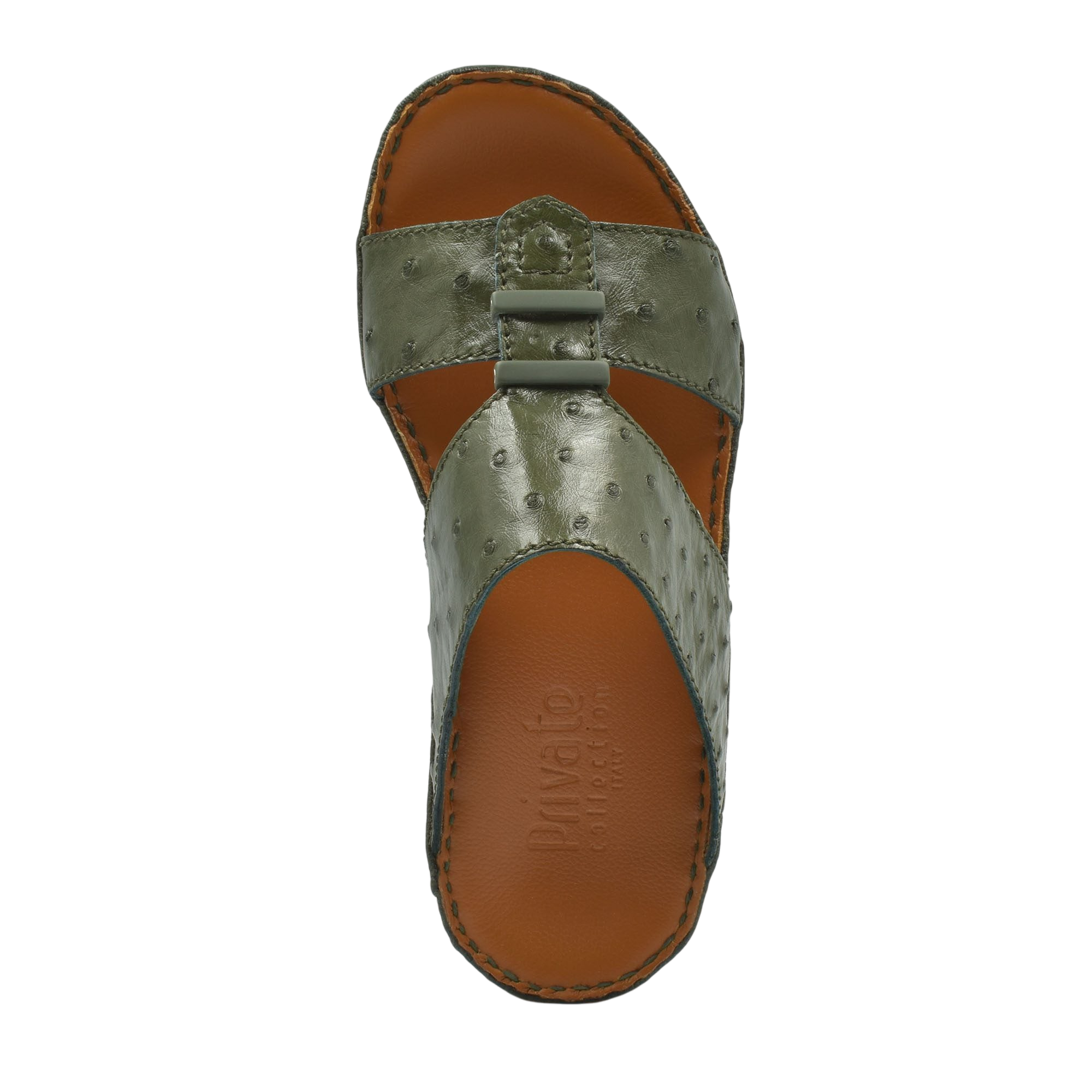 Top view of luxury ostrich sandals in olive green with leather sole from Private Collection
