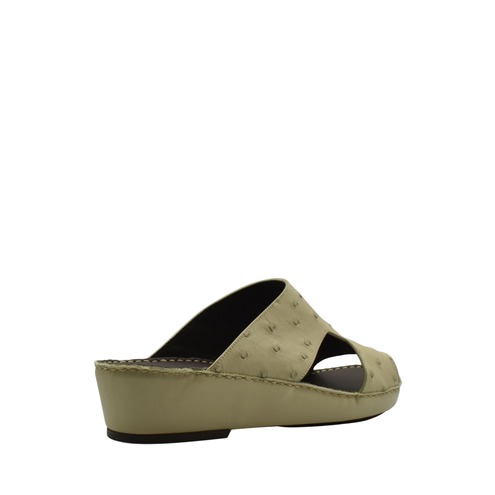 Beige luxury ostrich sandals with wedge heel and open toe design from private collection