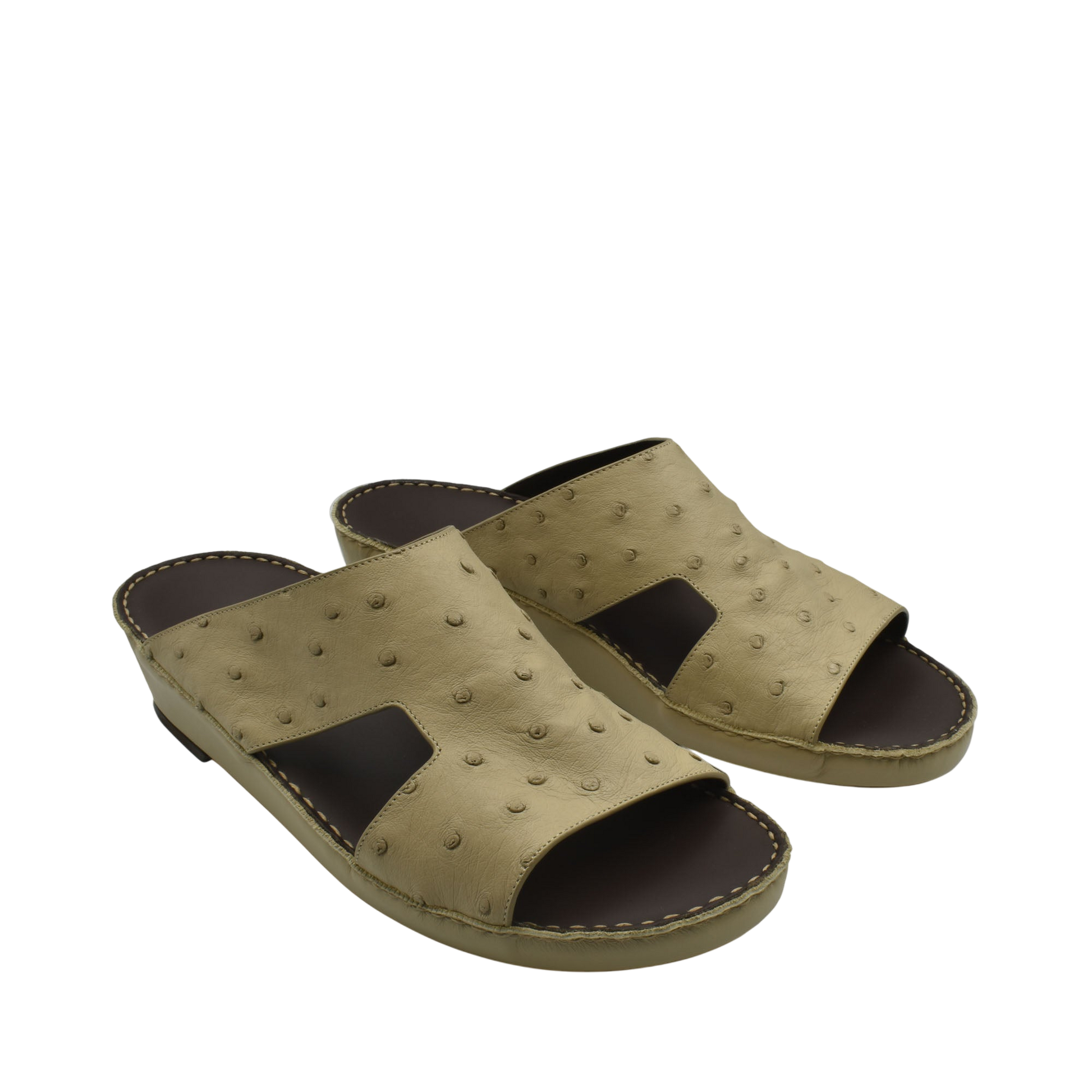 Tan luxury ostrich sandals with open toe and textured leather upper from Private Collection