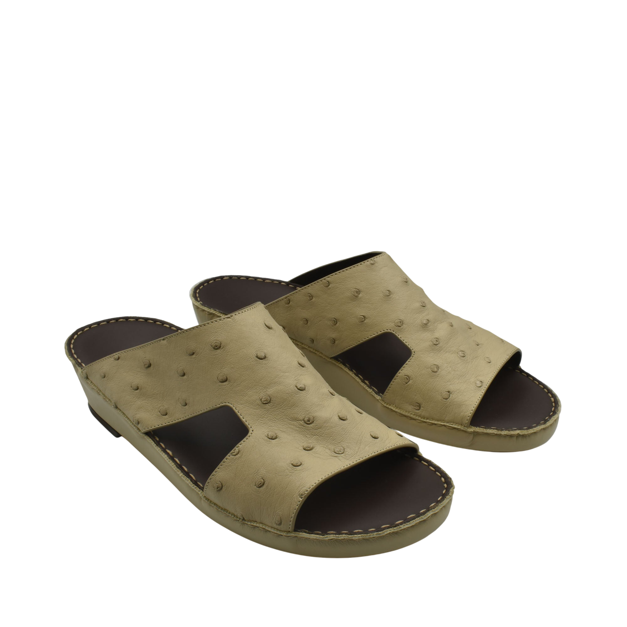 Tan luxury ostrich sandals with open toe and textured leather upper from Private Collection