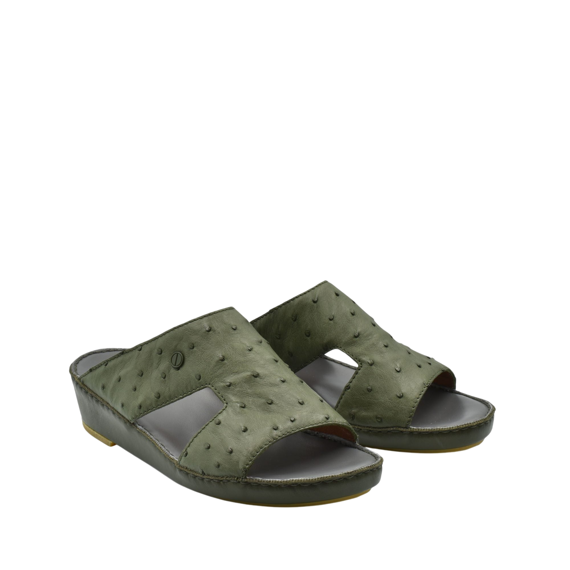 Green luxury ostrich sandals with open toe and cushioned sole from private collection