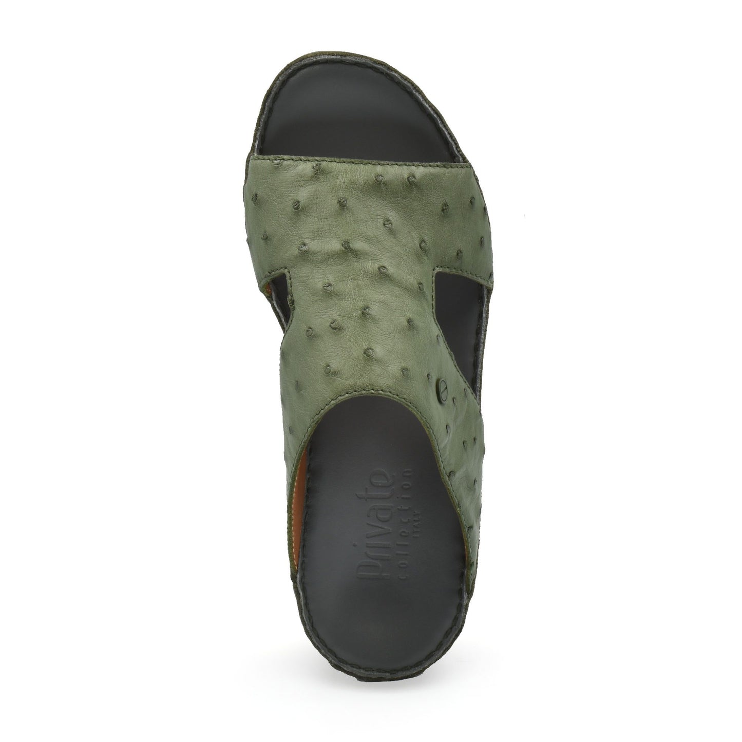 Top view of luxury ostrich sandals in olive green with textured leather and black sole