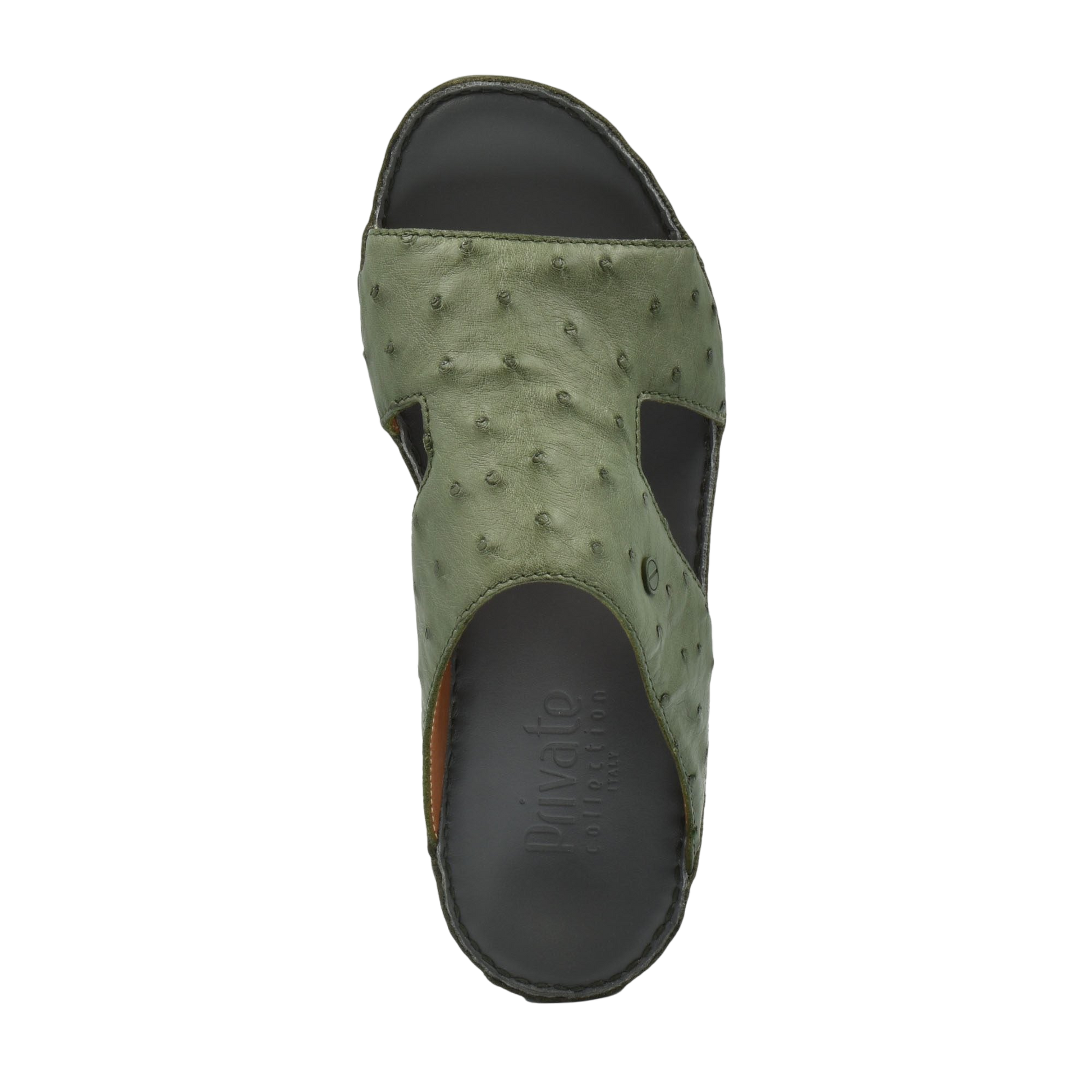 Top view of luxury ostrich sandals in olive green with textured leather and black sole