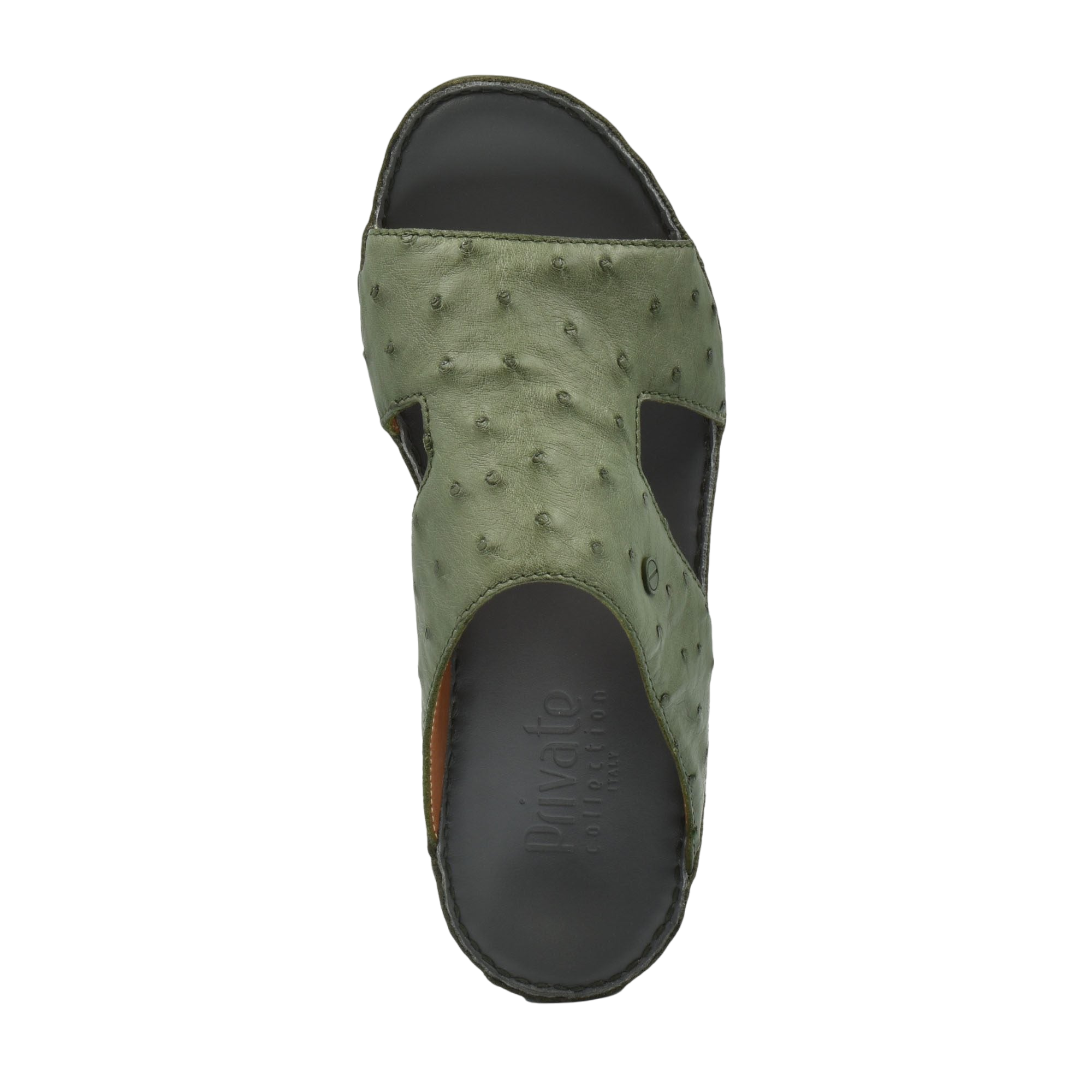 Top view of luxury ostrich sandals in olive green with textured leather and black sole