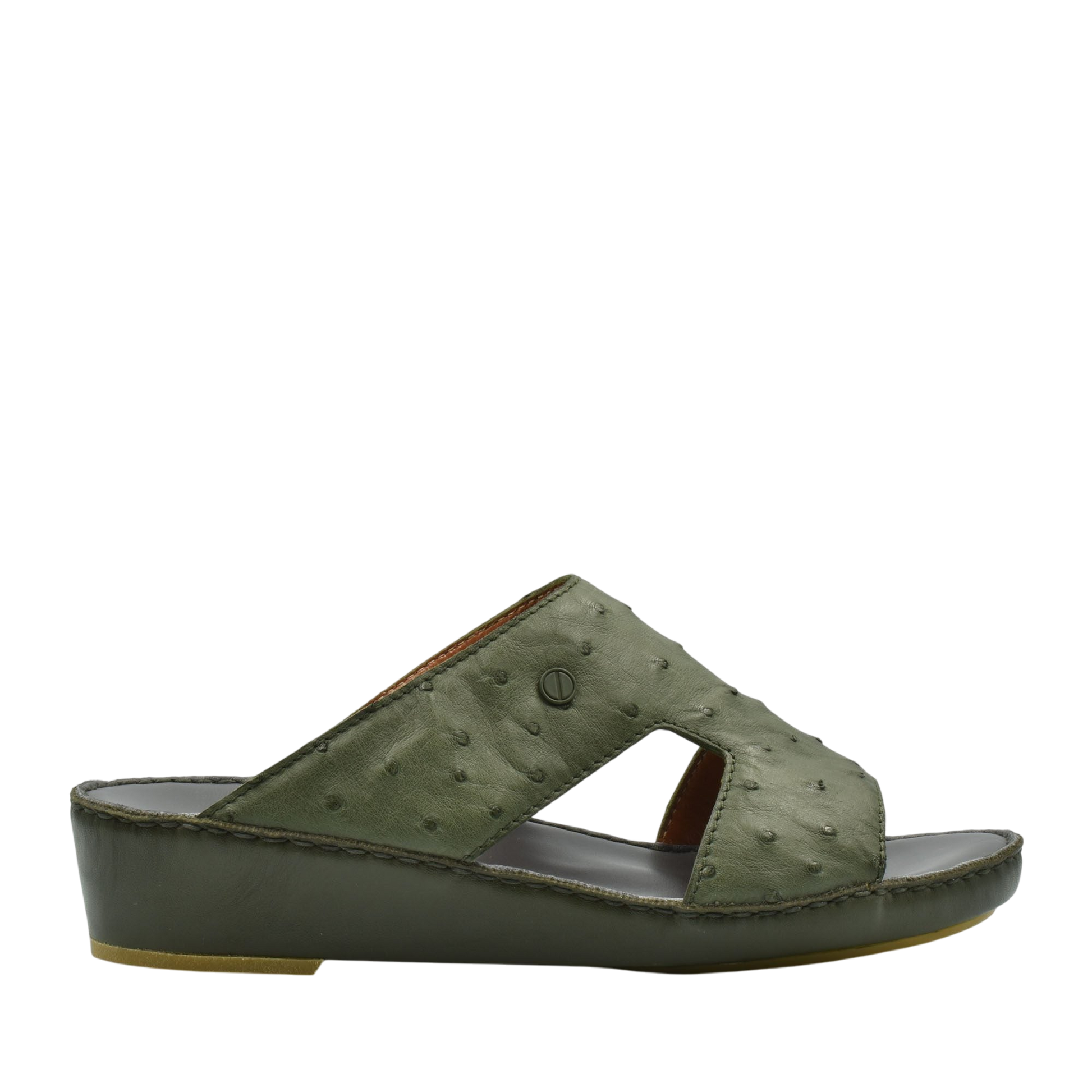 Olive green luxury ostrich sandals with wedge sole and open toe design from Private Collection