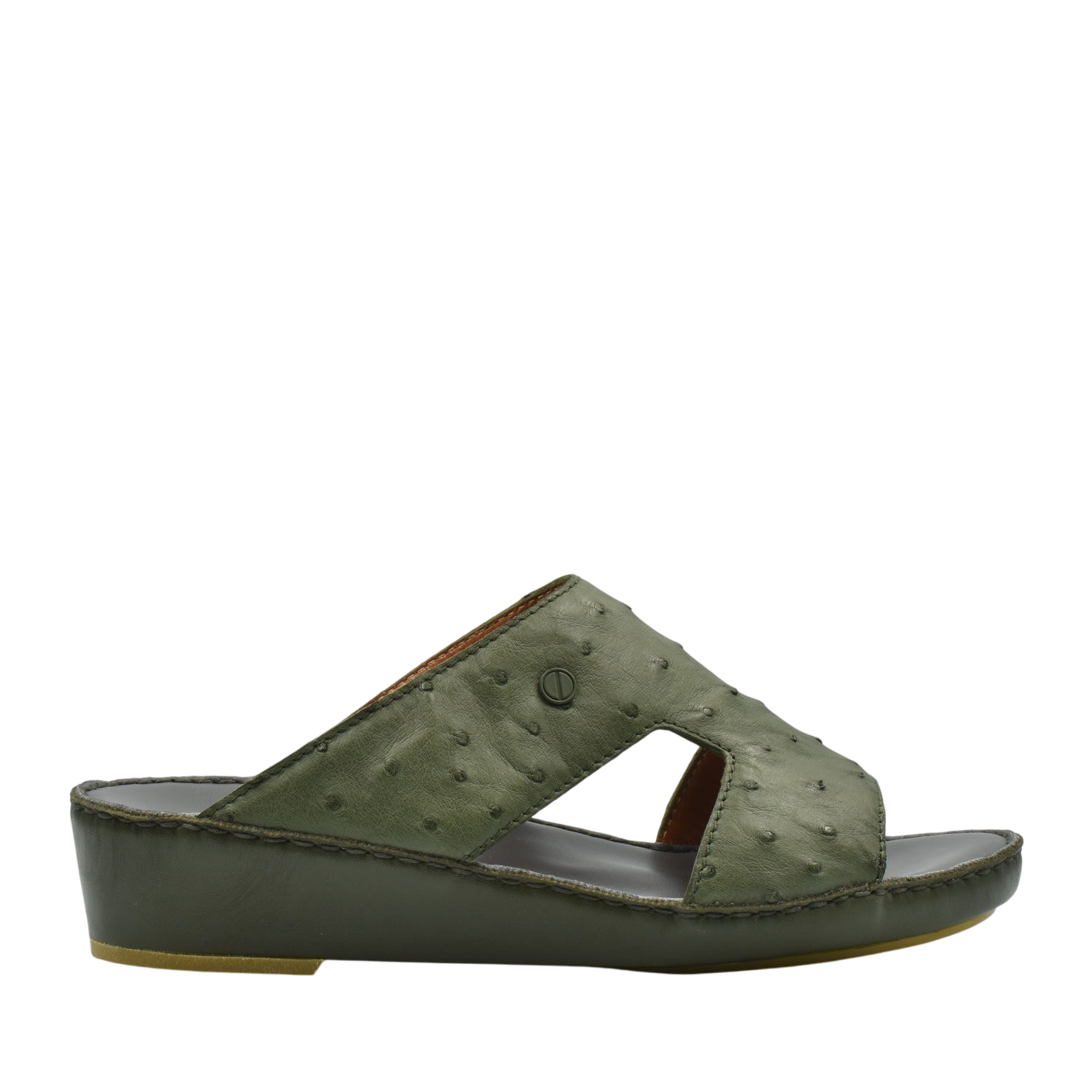Olive green luxury ostrich sandals with wedge sole and open toe design from Private Collection