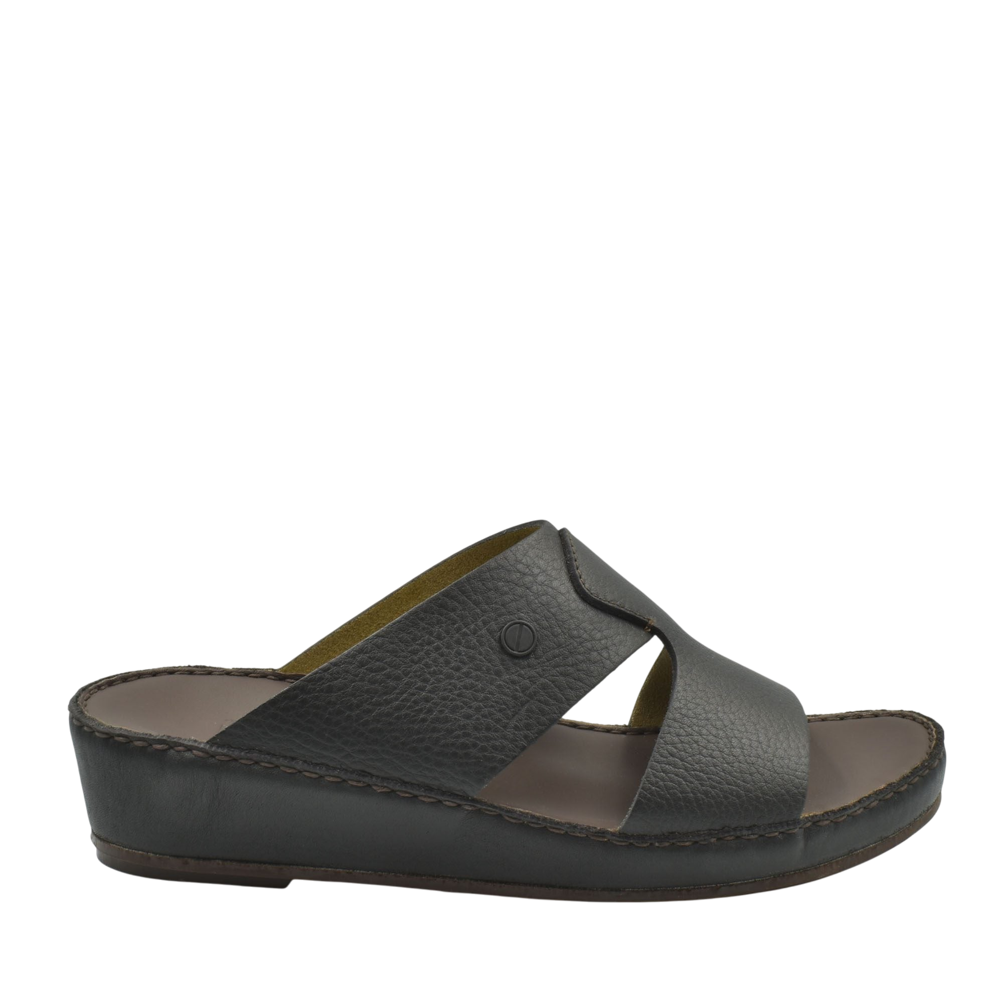 Black leather luxury slip-on footwear with open toe and cushioned sole from Private collection