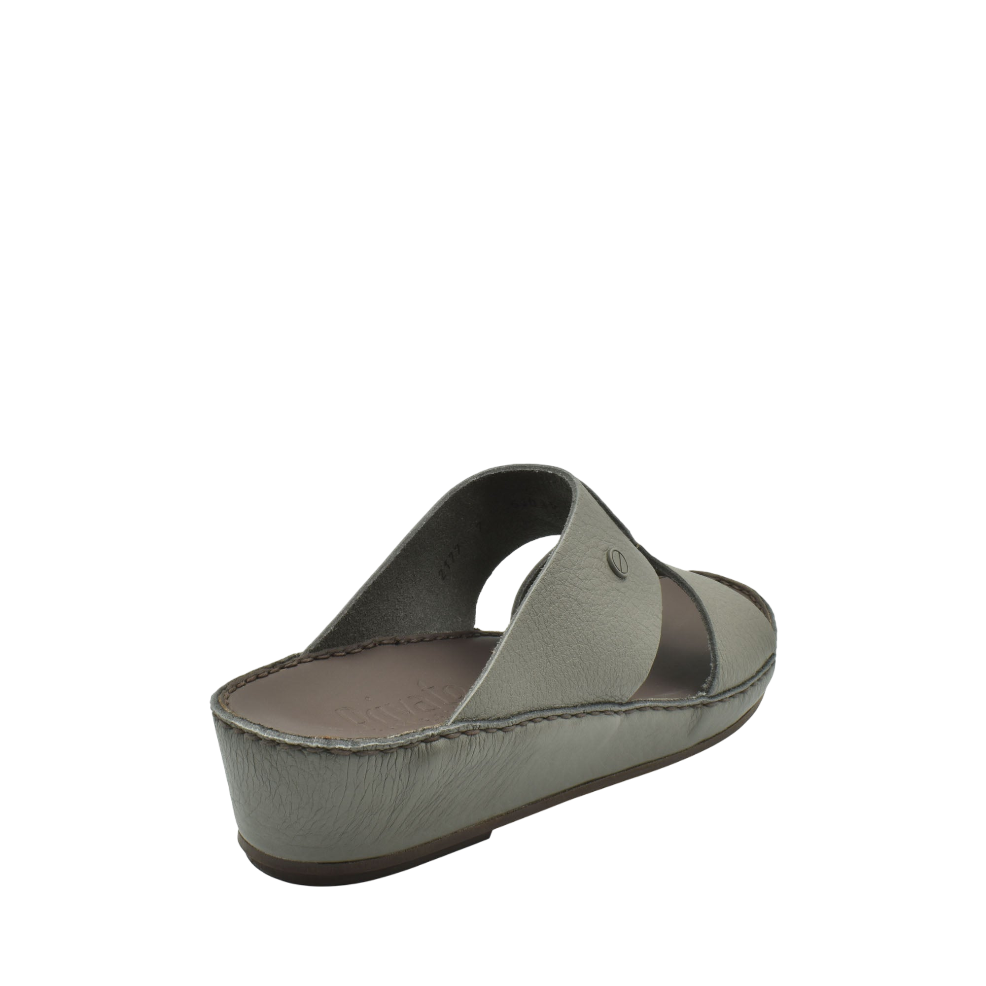 Private collection luxury slip-on footwear in muted gray with open toe and cushioned sole