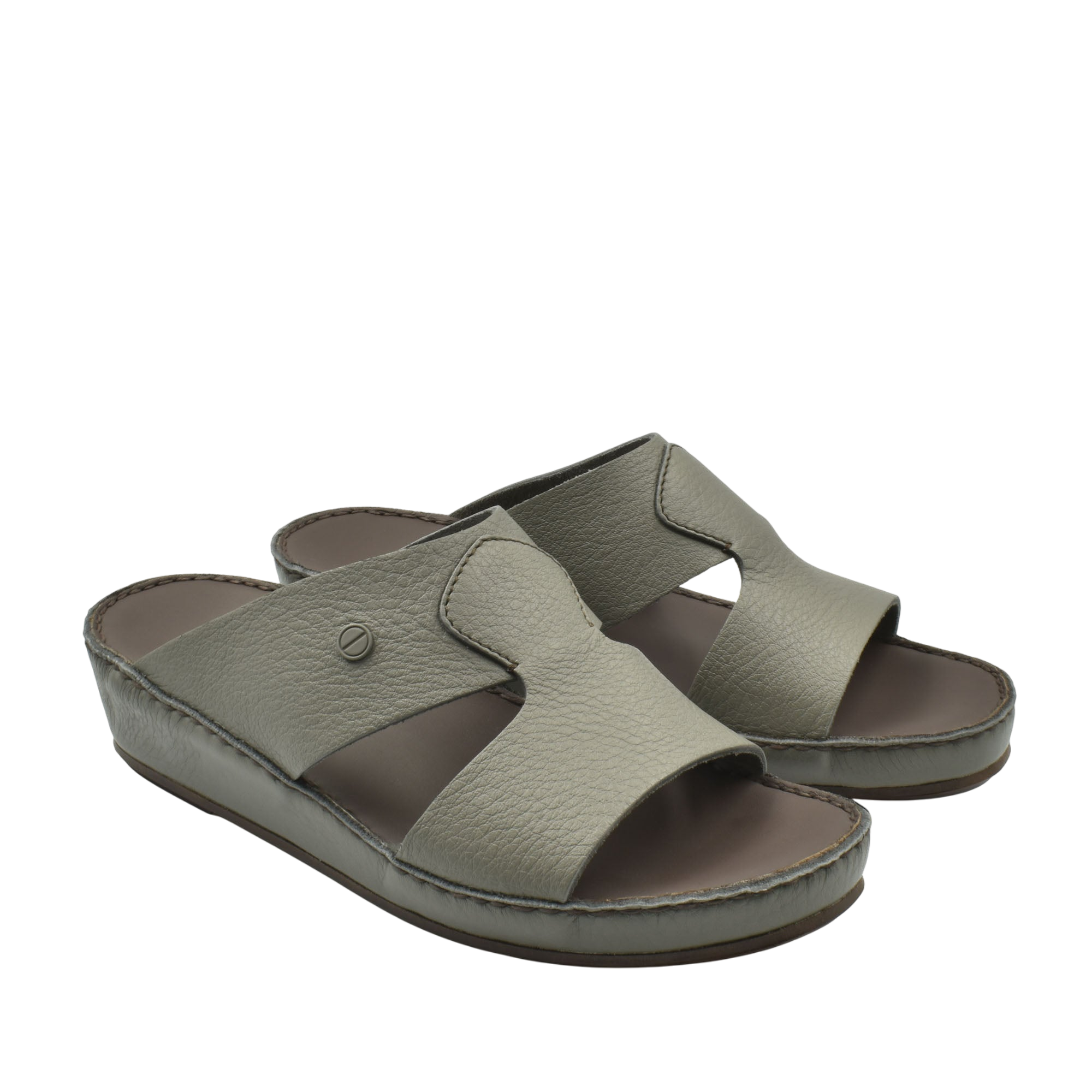 Private collection luxury slip-on footwear in gray leather with open toe and cushioned sole