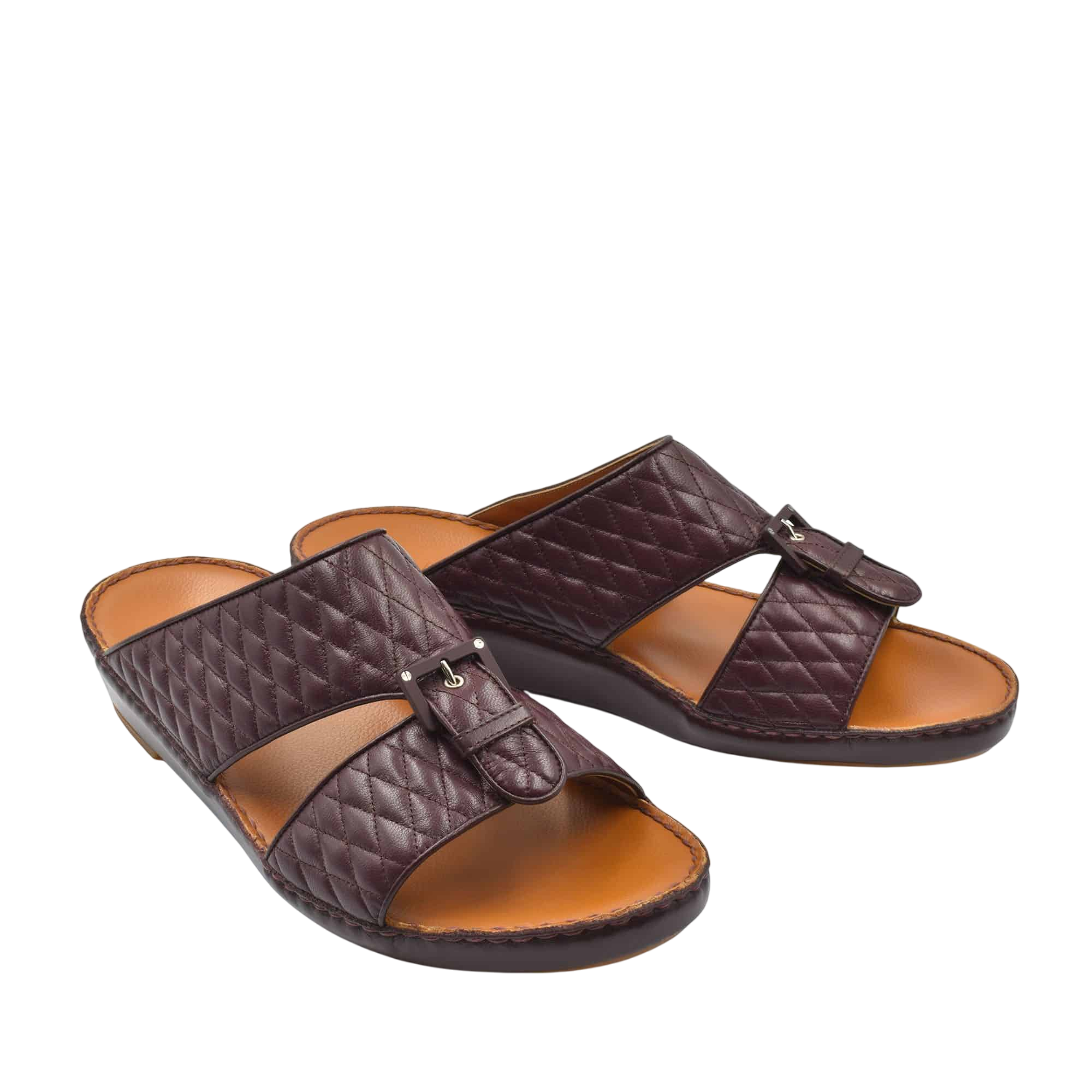 Brown quilted luxury slip-on footwear with open toe and buckle detail from private collection