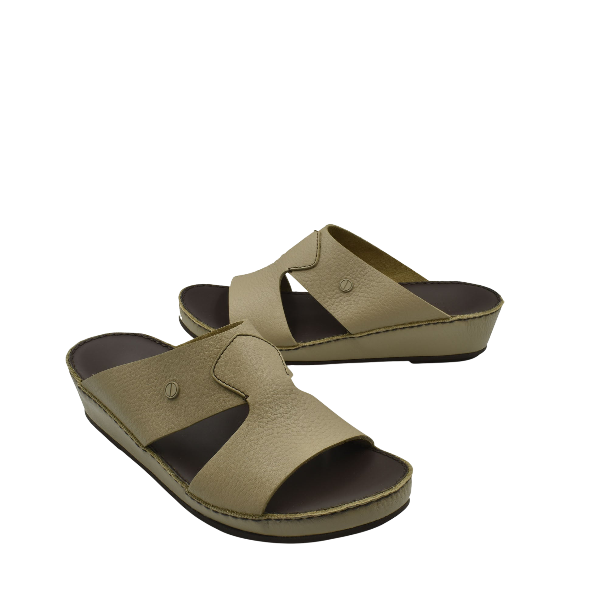 Beige leather luxury slip-on footwear with open toe and cushioned sole for comfortable wear