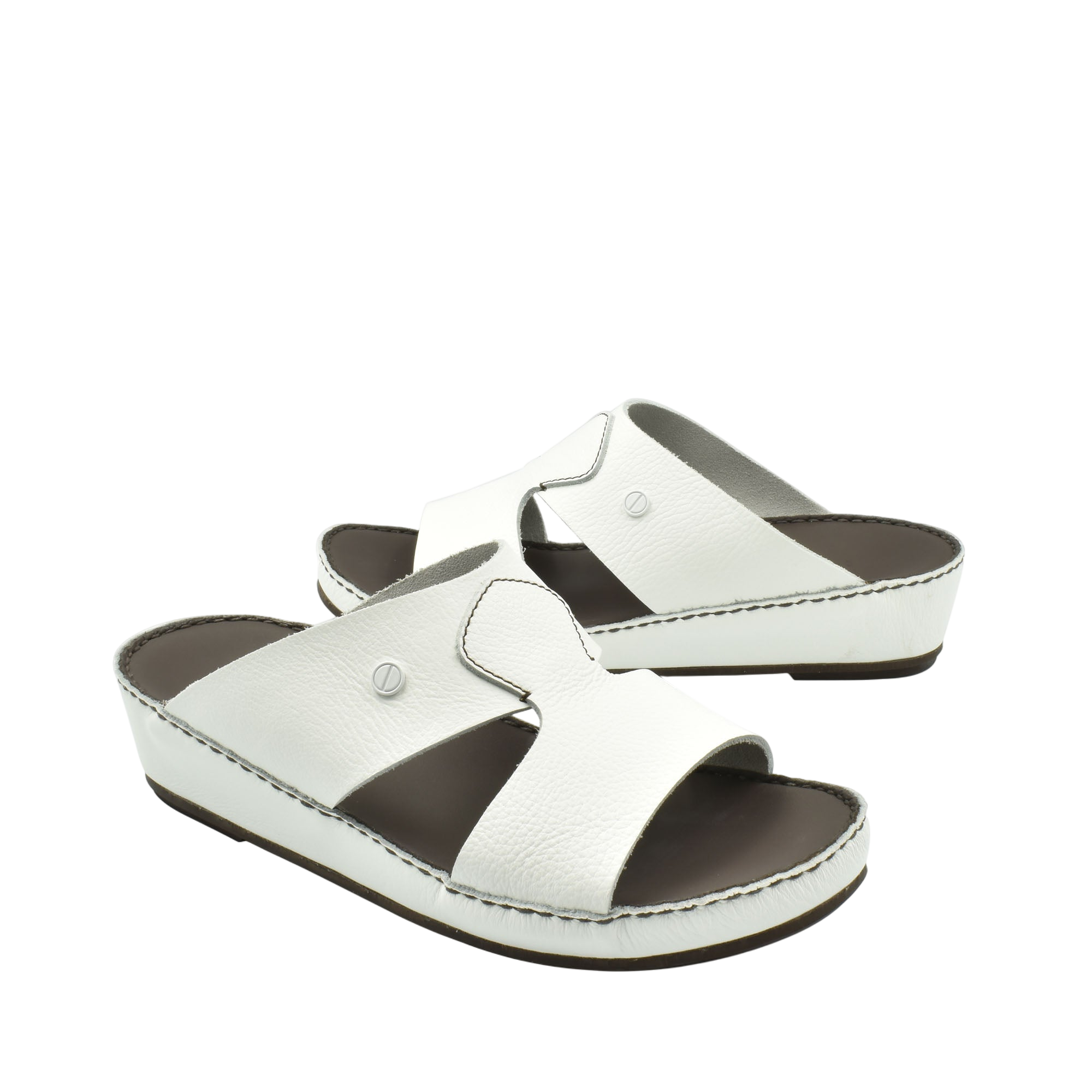 White leather luxury slip-on footwear with cushioned sole and open toe design