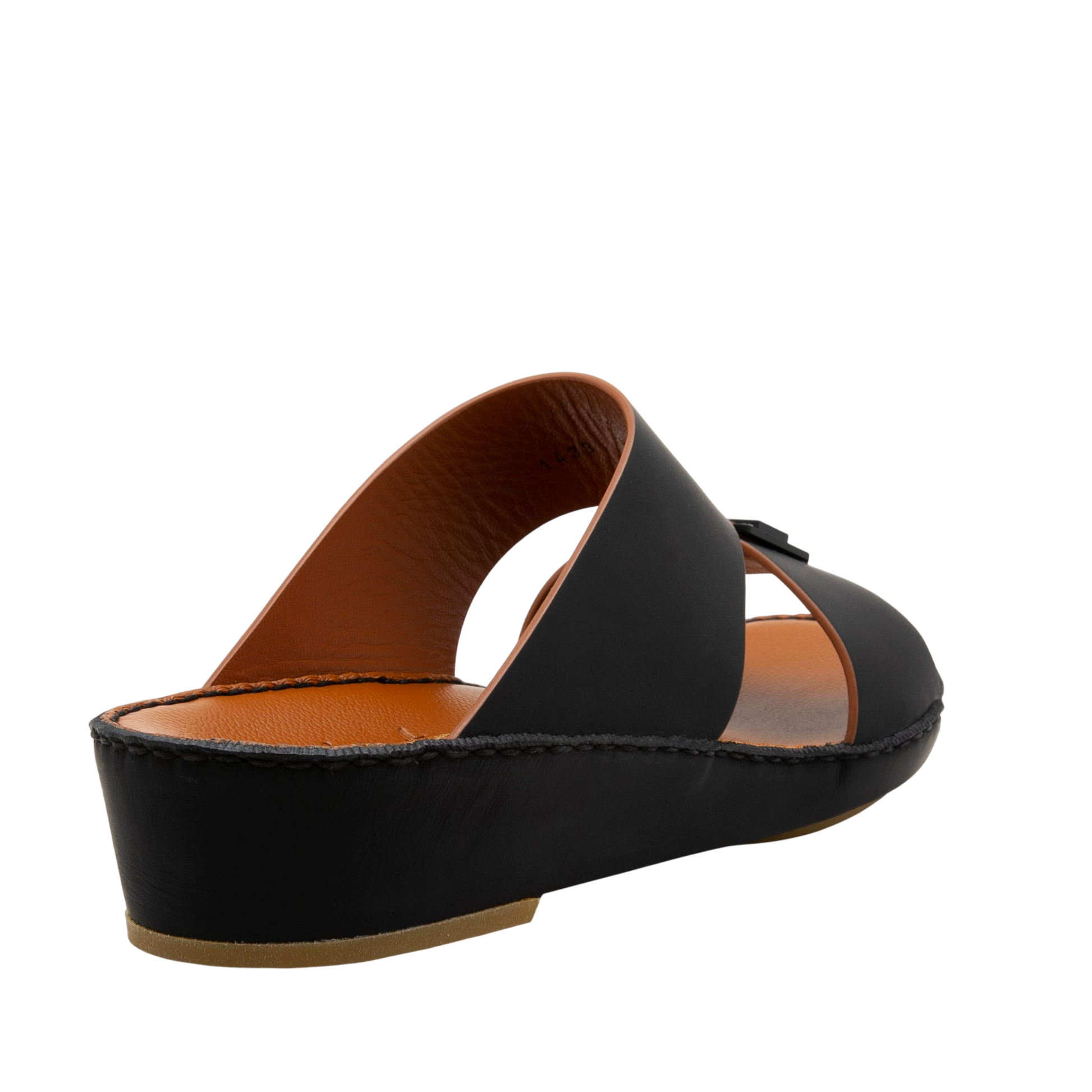 Manetta Rubbercalf sandals black open-toe slip-on with cushioned brown insole and low wedge heel