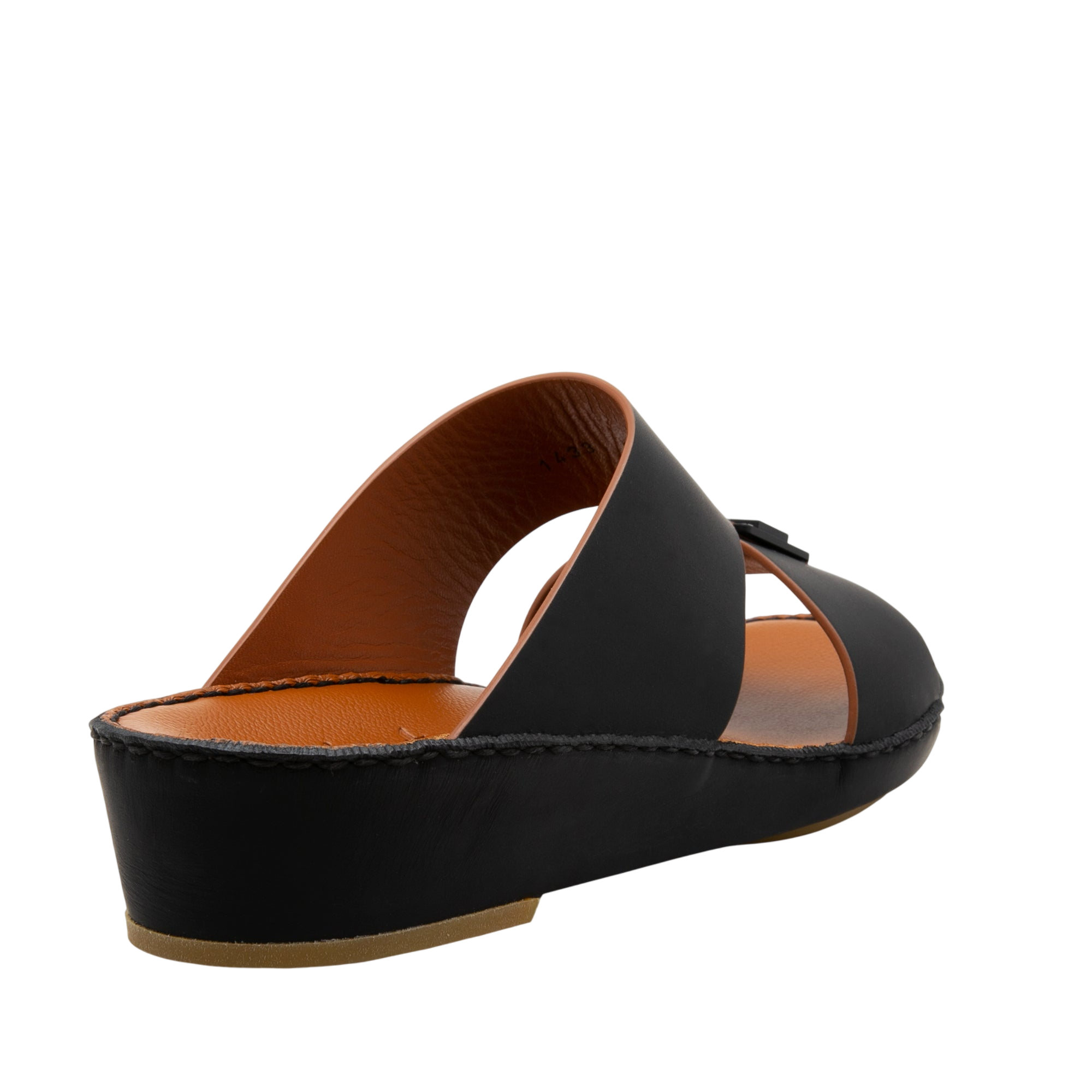 Manetta Rubbercalf sandals black open-toe slip-on with cushioned brown insole and low wedge heel