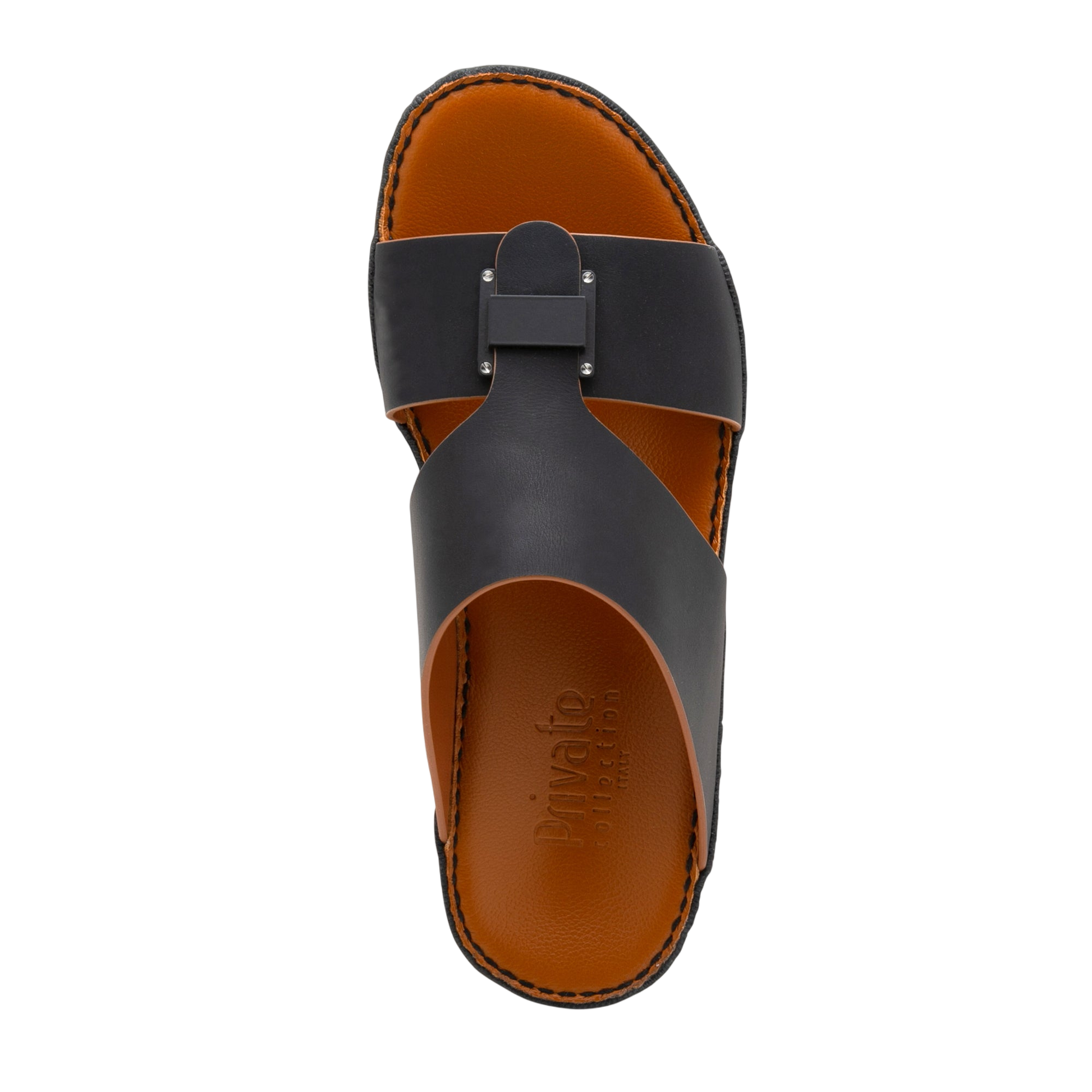 Top view of black and brown Manetta Rubbercalf sandals with leather straps and cushioned footbed