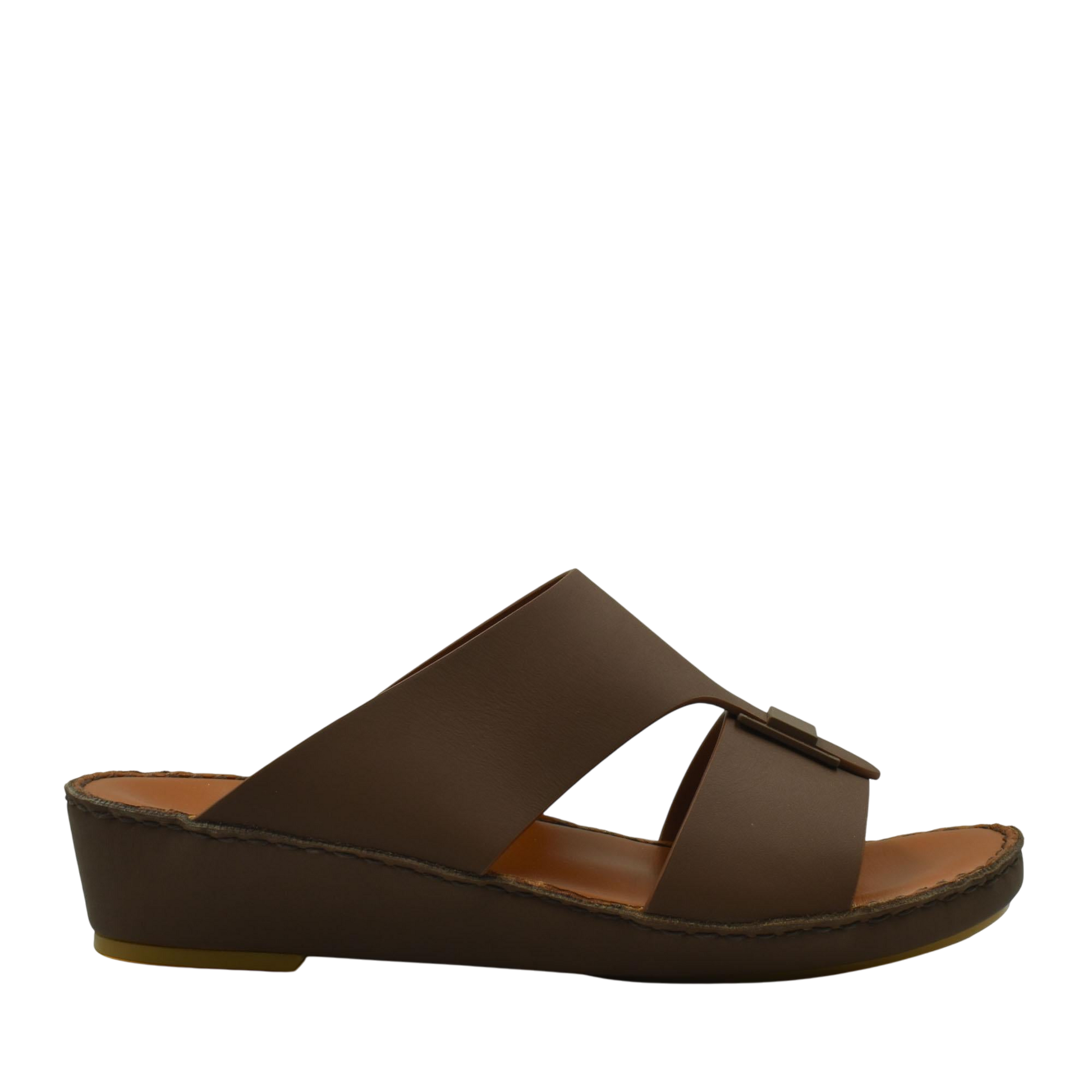 Brown Manetta Rubbercalf sandals with wedge sole and wide straps in a side view