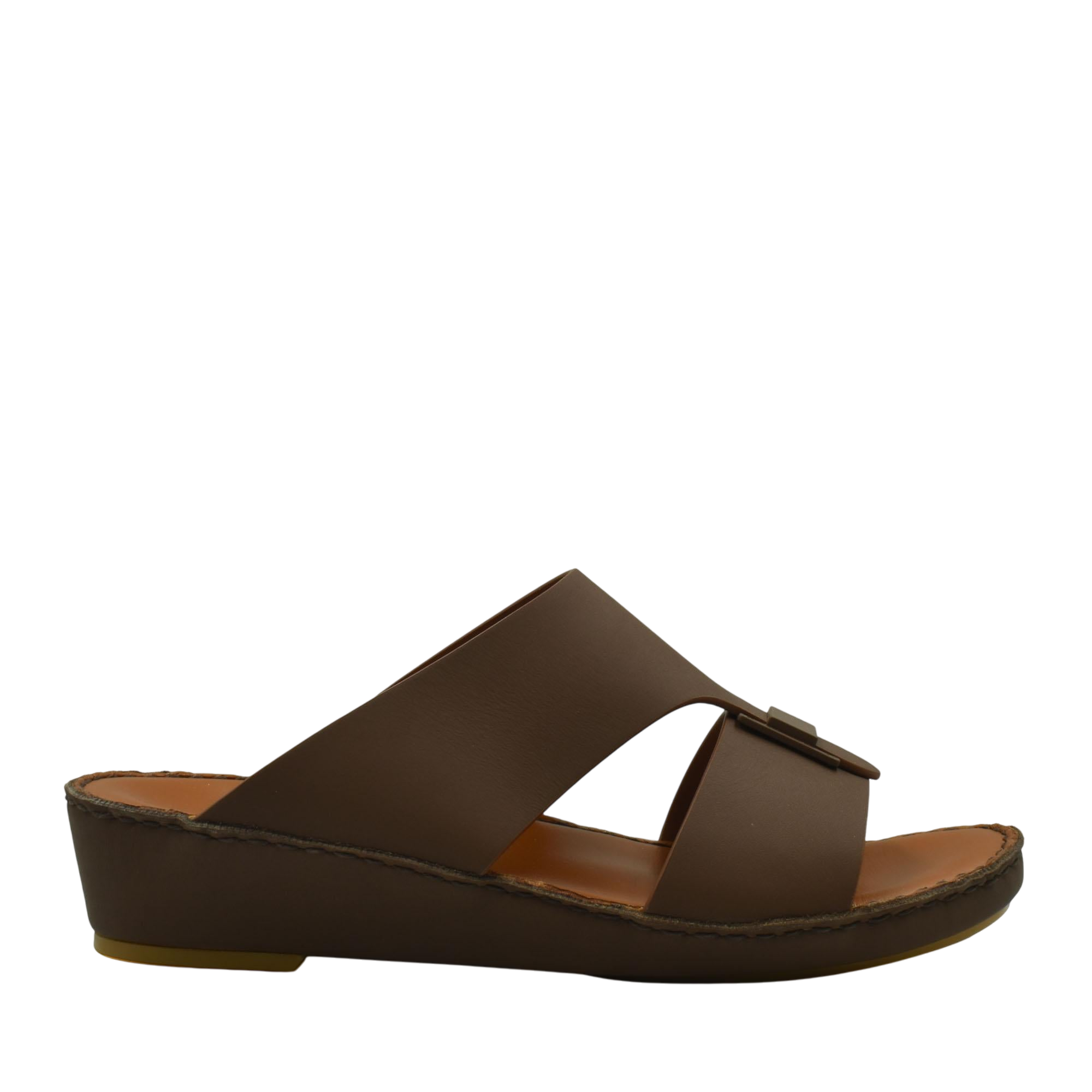 Brown Manetta Rubbercalf sandals with wedge sole and wide straps in a side view