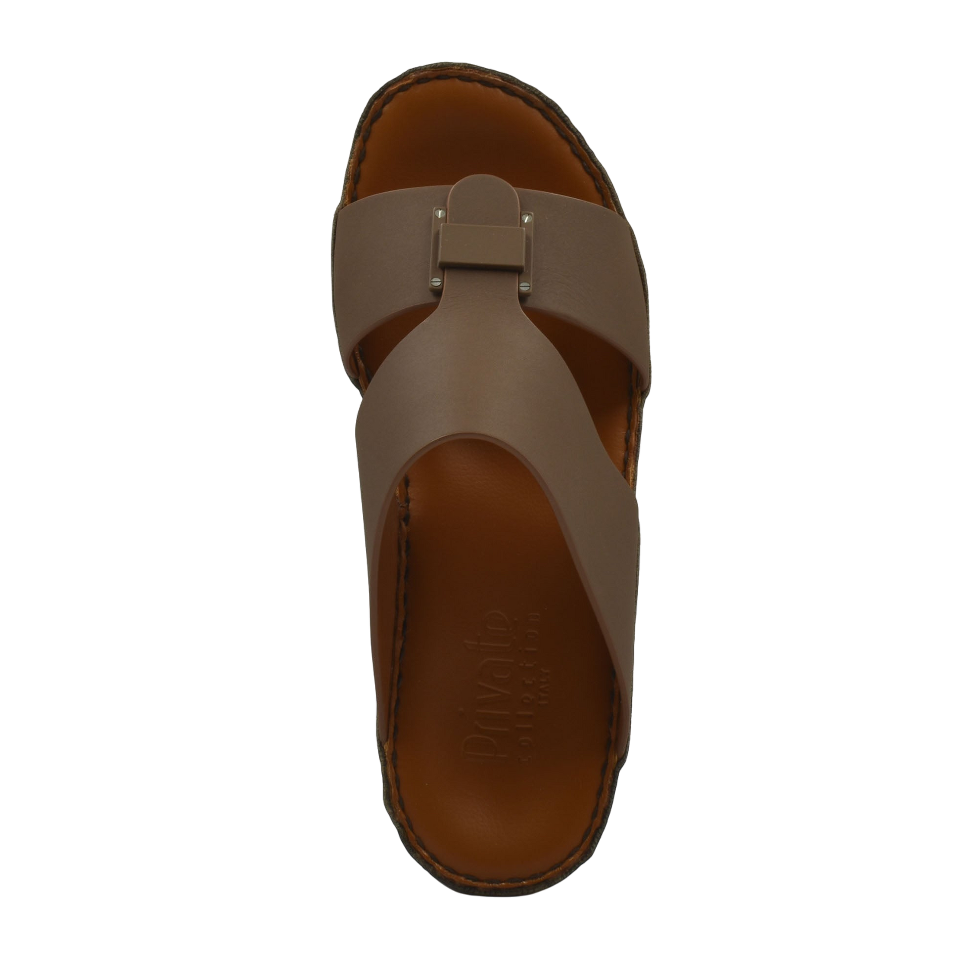 Top view of brown Manetta Rubbercalf sandals with wide straps and stitched sole from Private collection