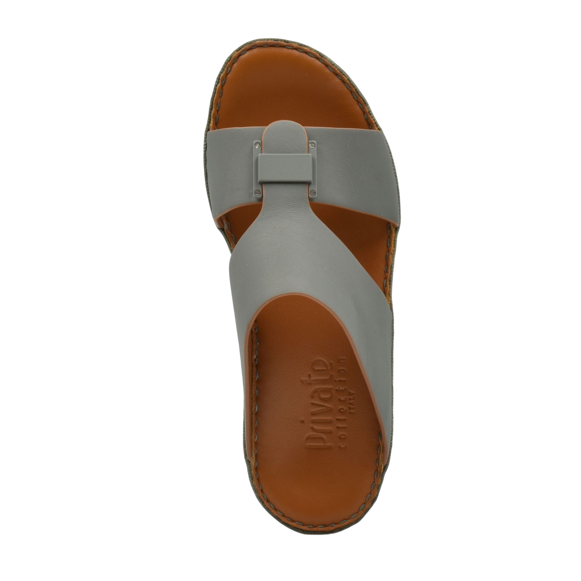 Manetta Rubbercalf sandals gray slip-on with brown footbed and stitched sole from Private collection