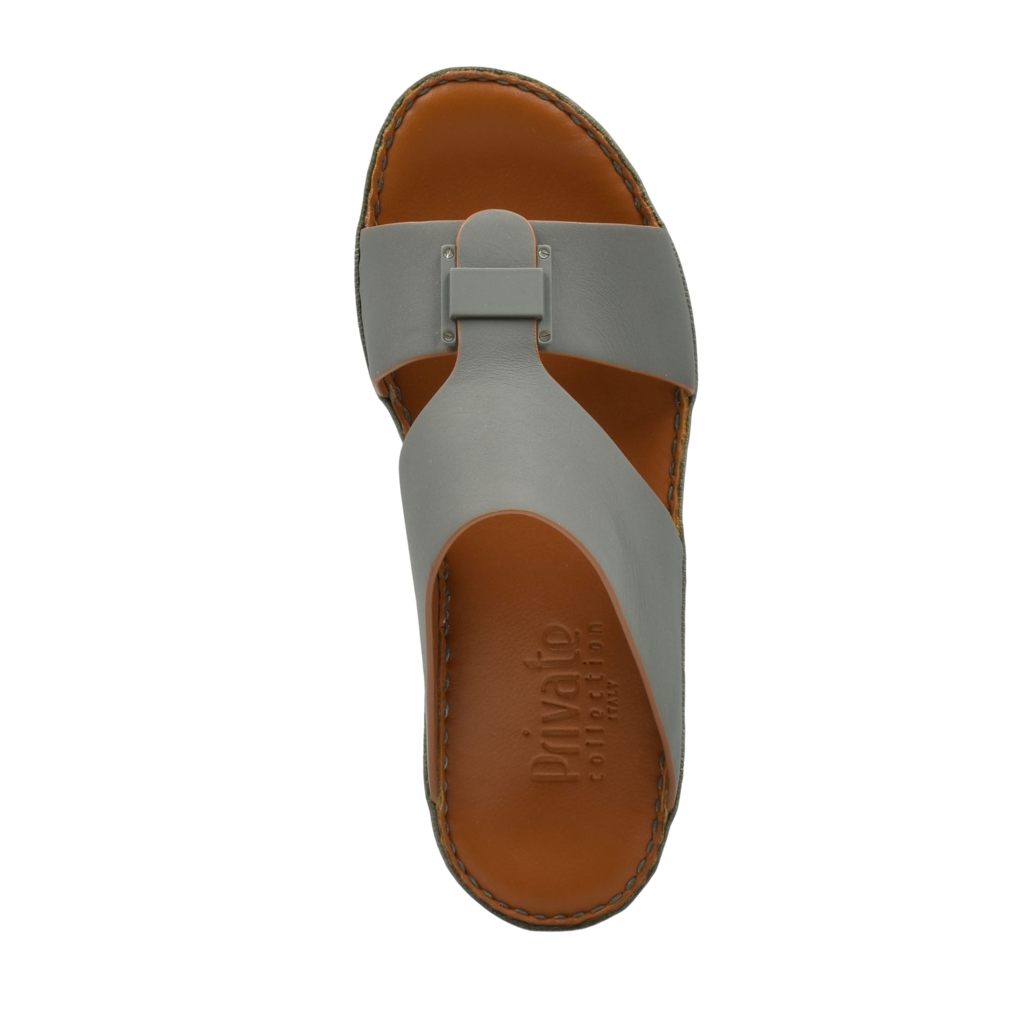 Manetta Rubbercalf sandals gray slip-on with brown footbed and stitched sole from Private collection