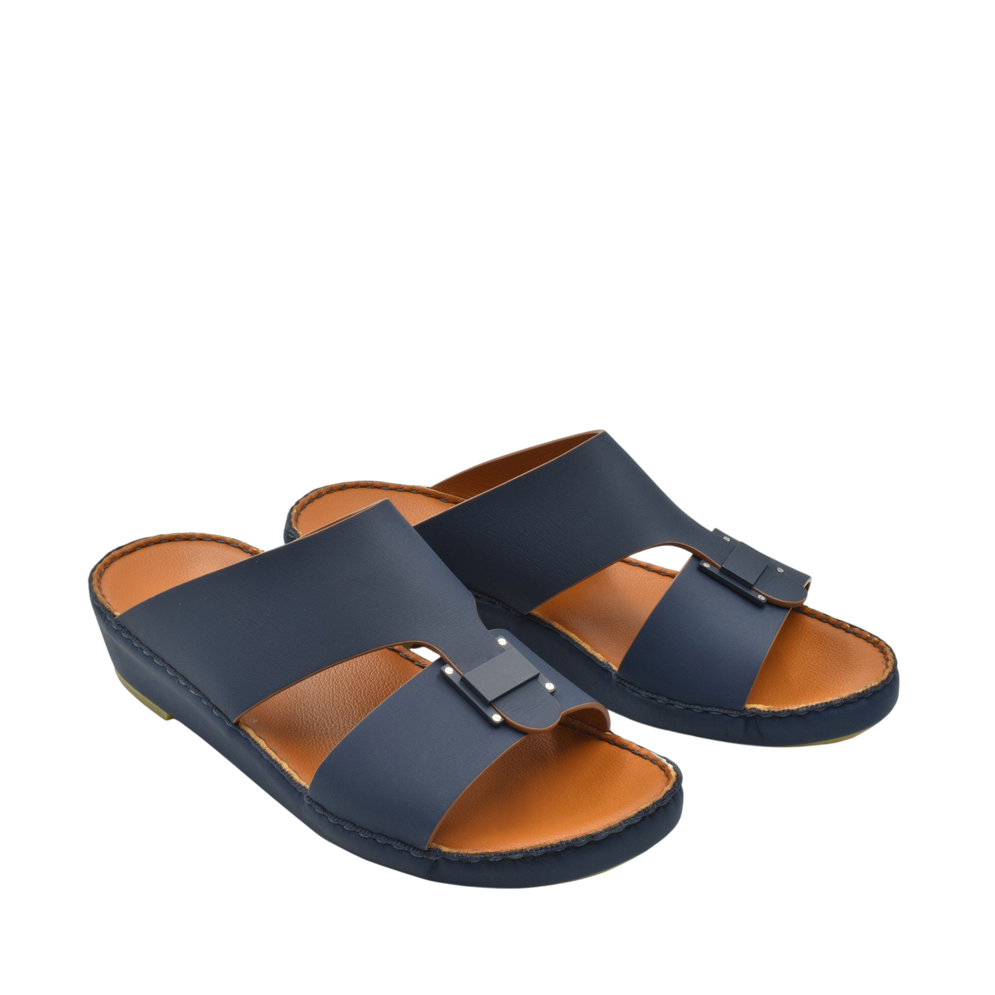 Pair of navy blue Manetta Rubbercalf sandals with adjustable buckle and cushioned tan insole