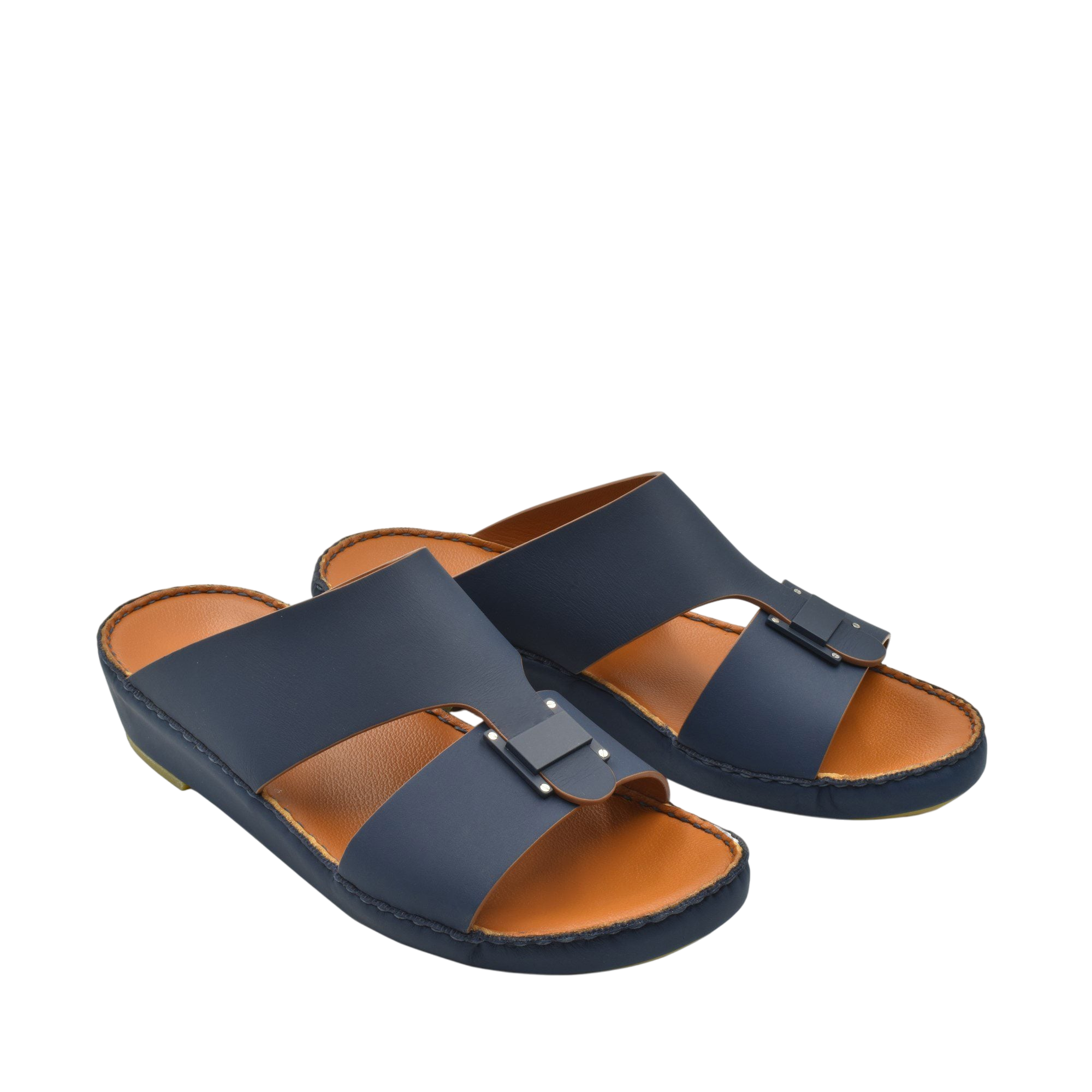 Pair of navy blue Manetta Rubbercalf sandals with adjustable buckle and cushioned tan insole